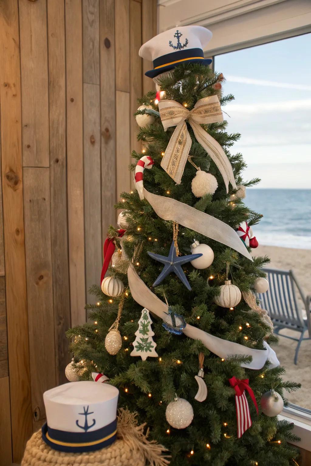 A Christmas tree with a nautical theme, featuring ribbons and ornaments that evoke the sea.