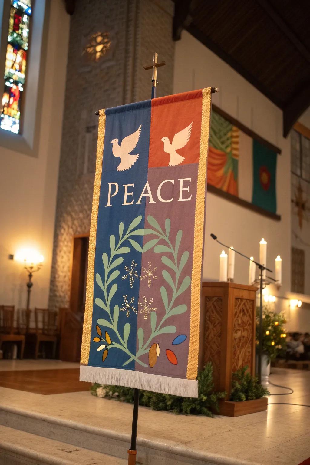 A thematic announcement board centered on the concept of peace.