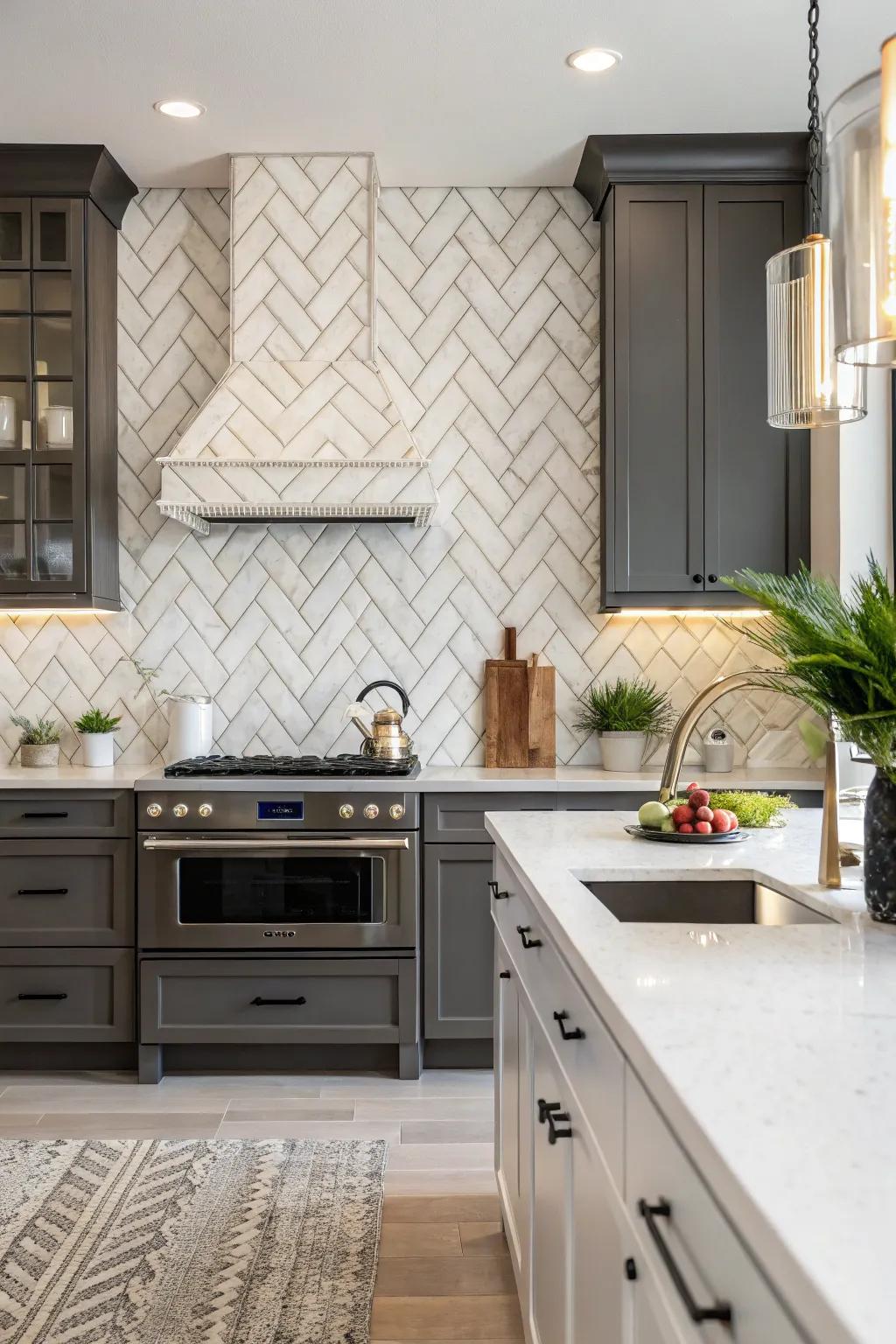Angled stone layout adds sophistication to this kitchen.