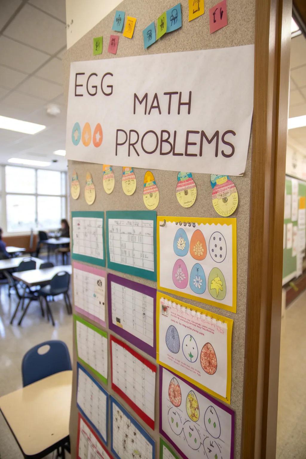 An educationally focused bulletin board showcasing egg-centric math endeavors.
