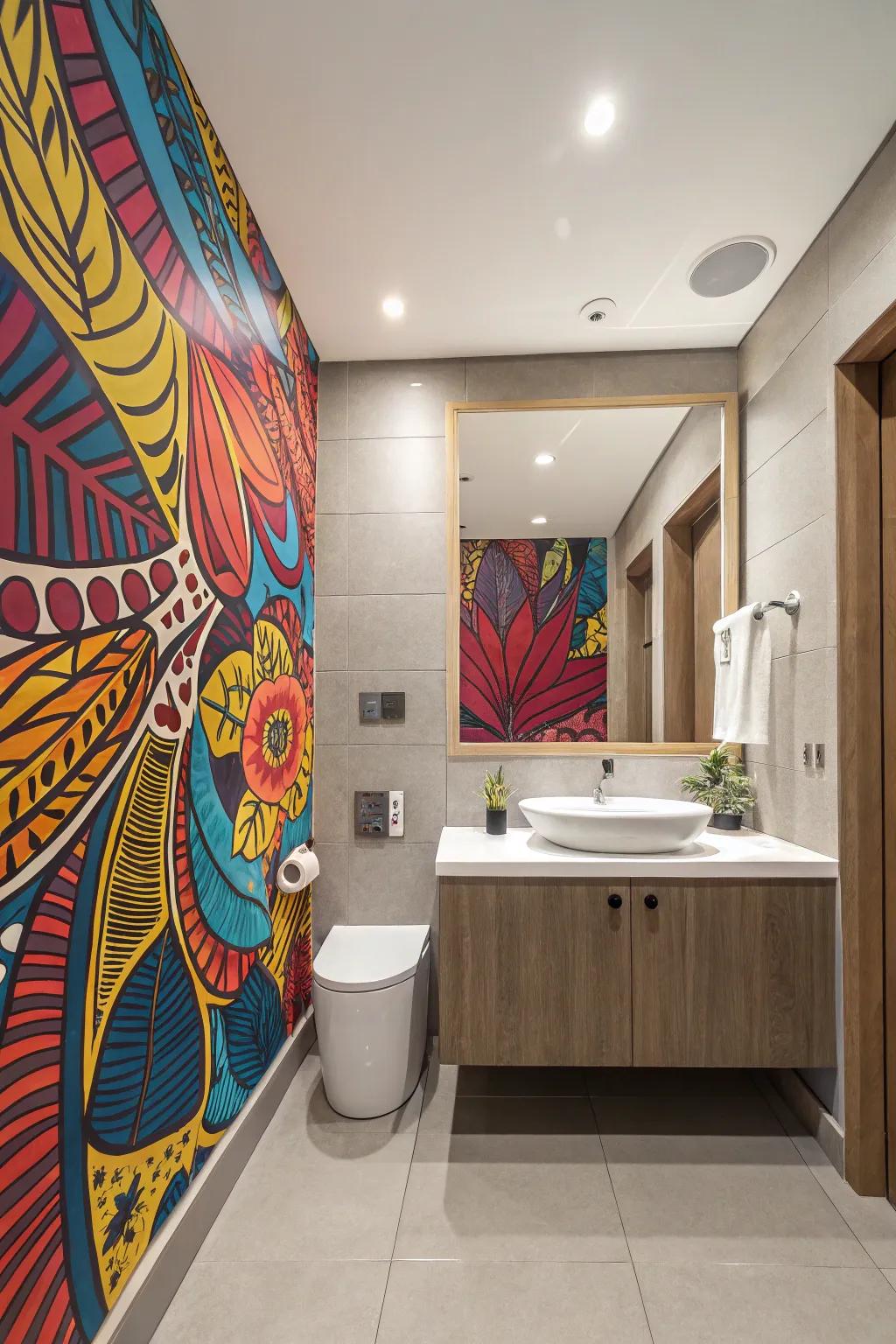 A bathroom made better by bold abstract art that makes a striking visual impact.