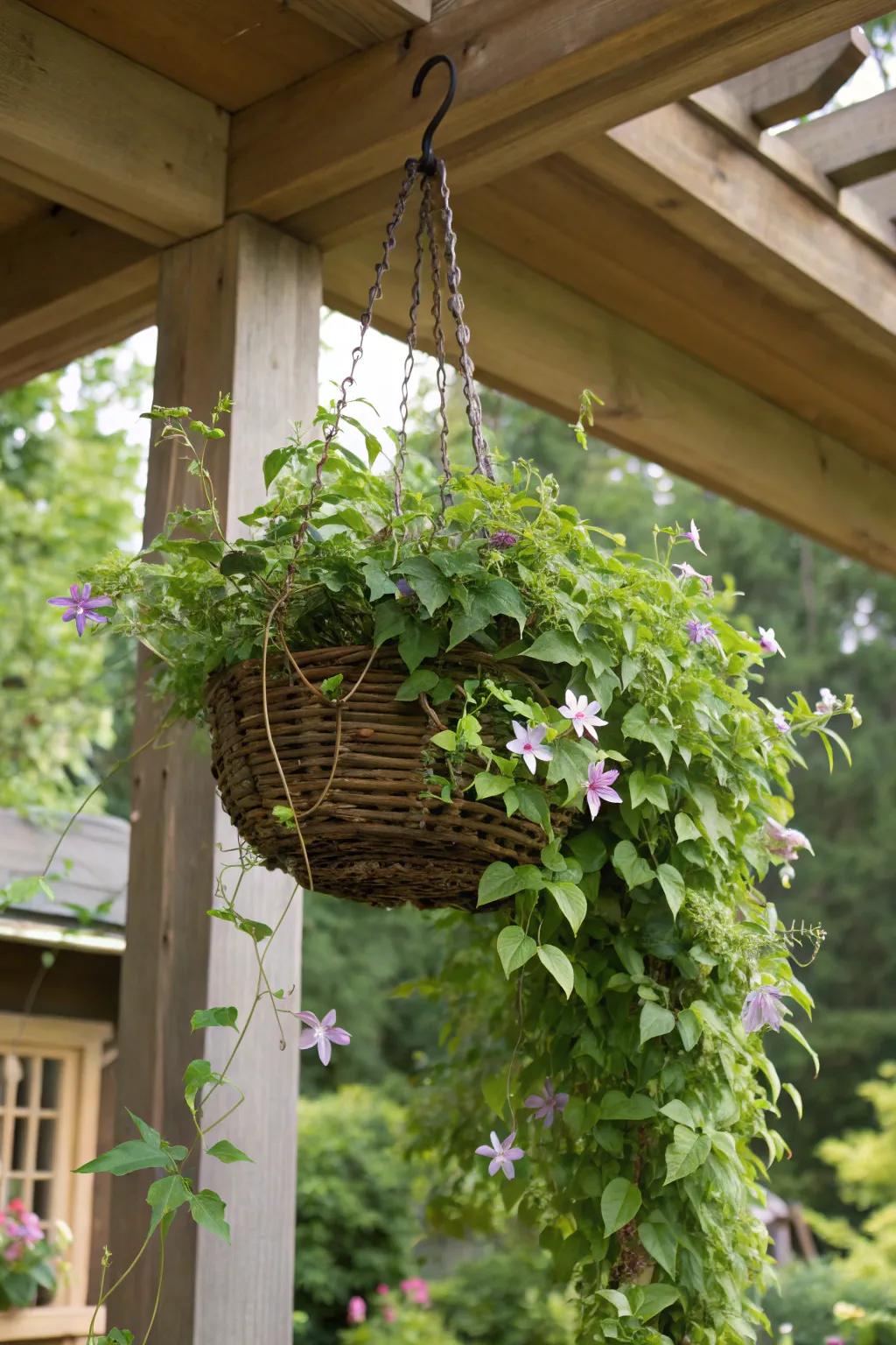 A hanging pot trellis presents a distinctive avenue to exhibit cascading clematis.