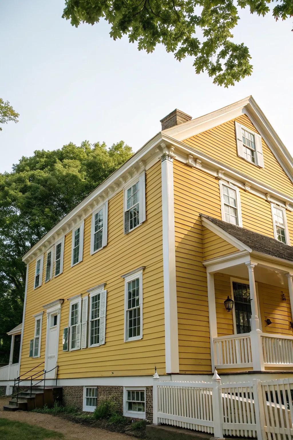 A delightful colonial house glowing with a gilded amber facade and crisp alabaster trim.