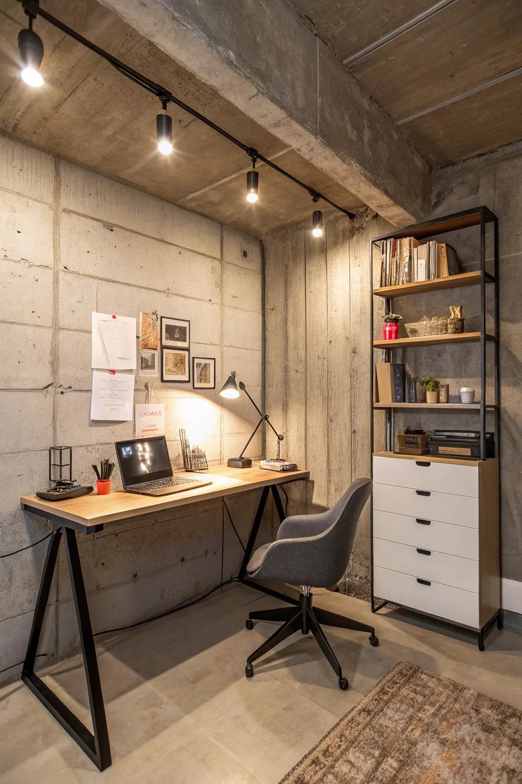 Design a focused workspace in your basement.