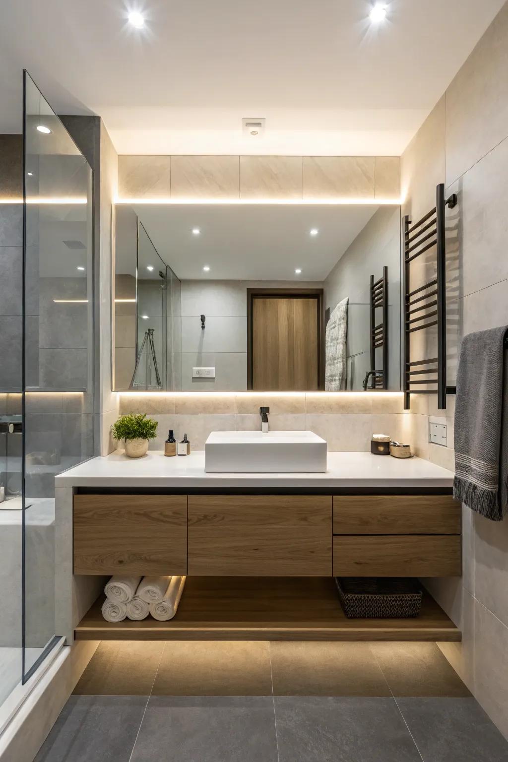Bathroom featuring a chic suspended shelf.