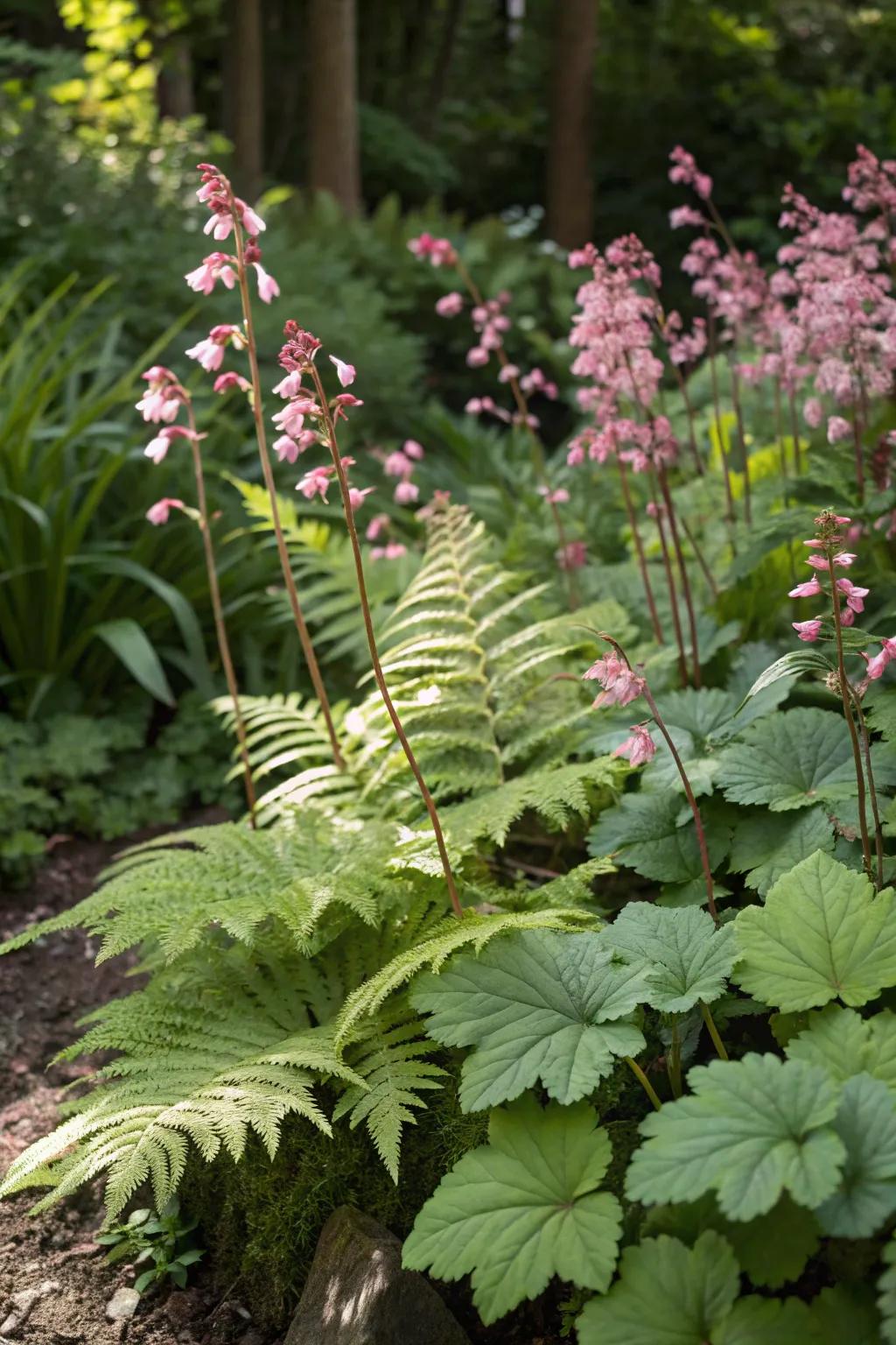 <strong><em>Kaleidoscope bells</em></strong> and ferns come together in a lavish, texturally rich garden composition.” loading=”lazy” class=”pimg”>
	</picture><figcaption><strong><em>Kaleidoscope bells</em></strong> and ferns come together in a lavish, texturally rich garden composition.</figcaption></figure>
<p>Combine <strong><em>kaleidoscope bells</em></strong> with soft ferns to produce a lavish and texturally interesting garden. The combination of airy fern leaves and vibrant bell foliage creates a mesmerizing effect.</p>
<h3>A few choices to try:</h3>
<ul class=