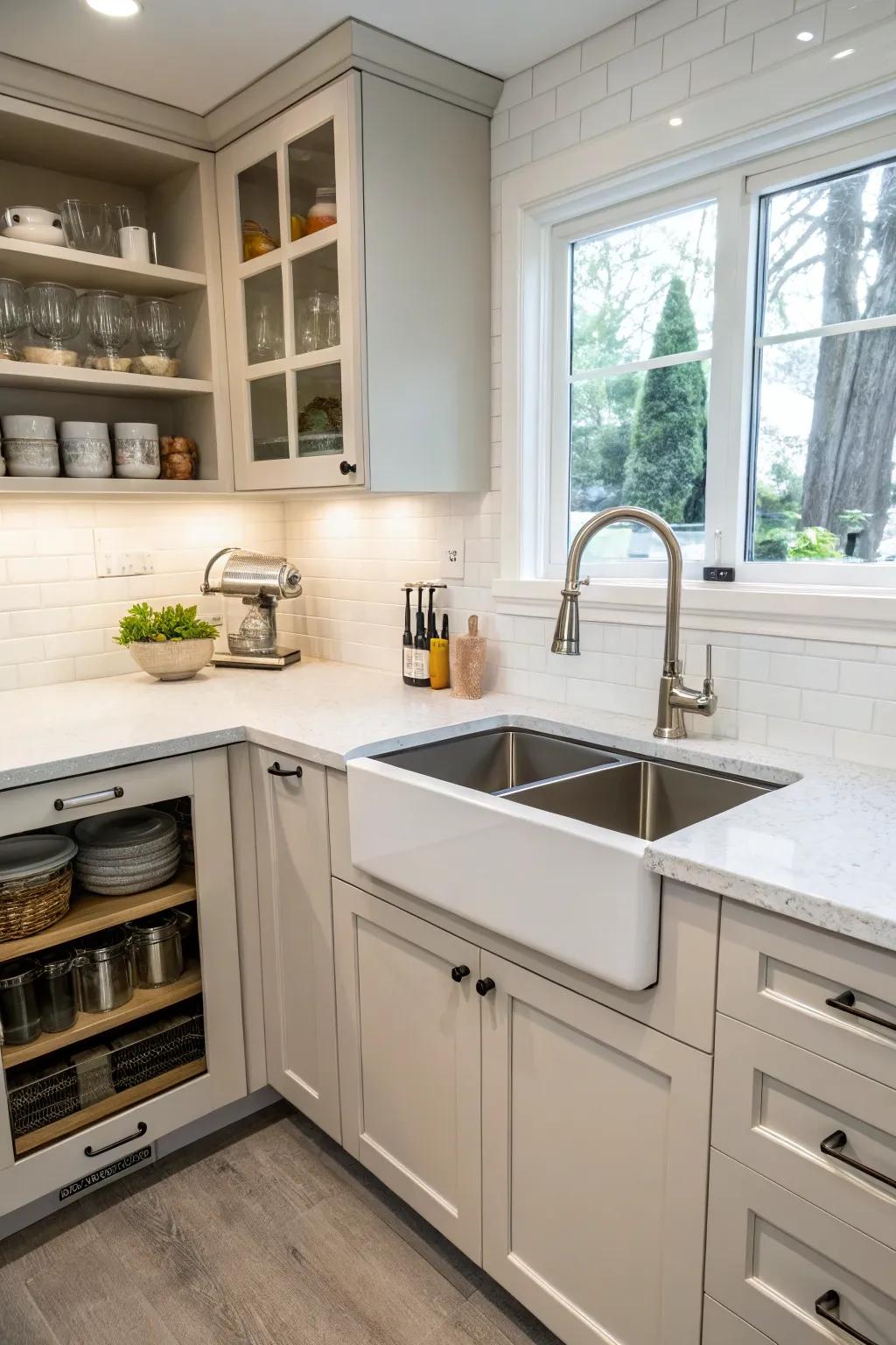 A corner sink placed in a hidden nook, keeping the kitchen space neat and organized.