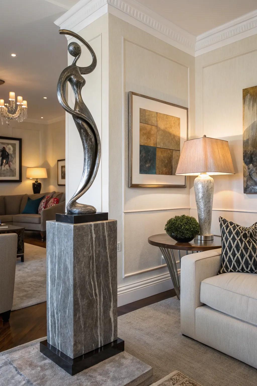 An impressive sculpture adds artistry and intrigue to the corner.
