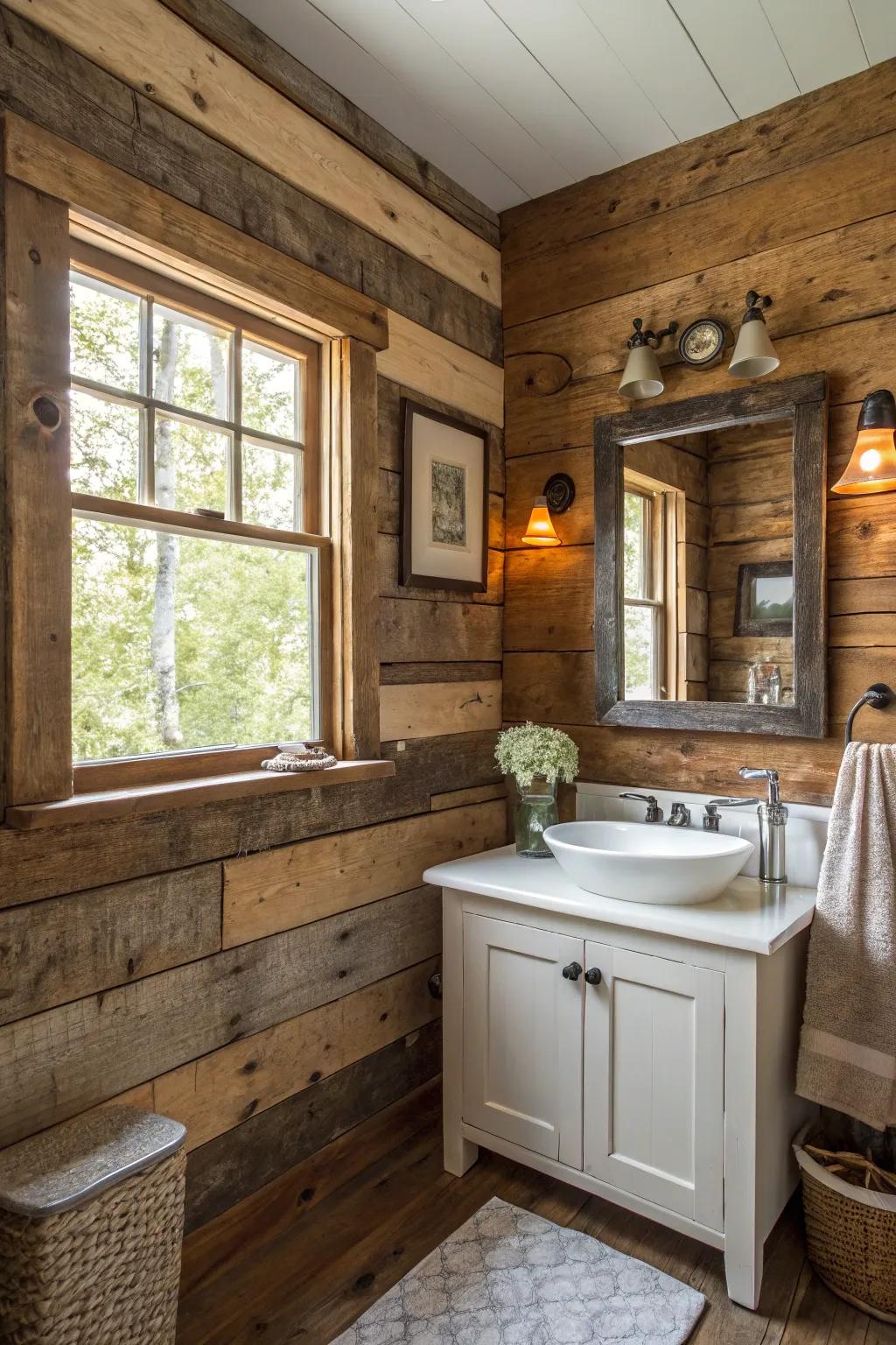 This salvaged wood accent wall introduces a striking focal point.