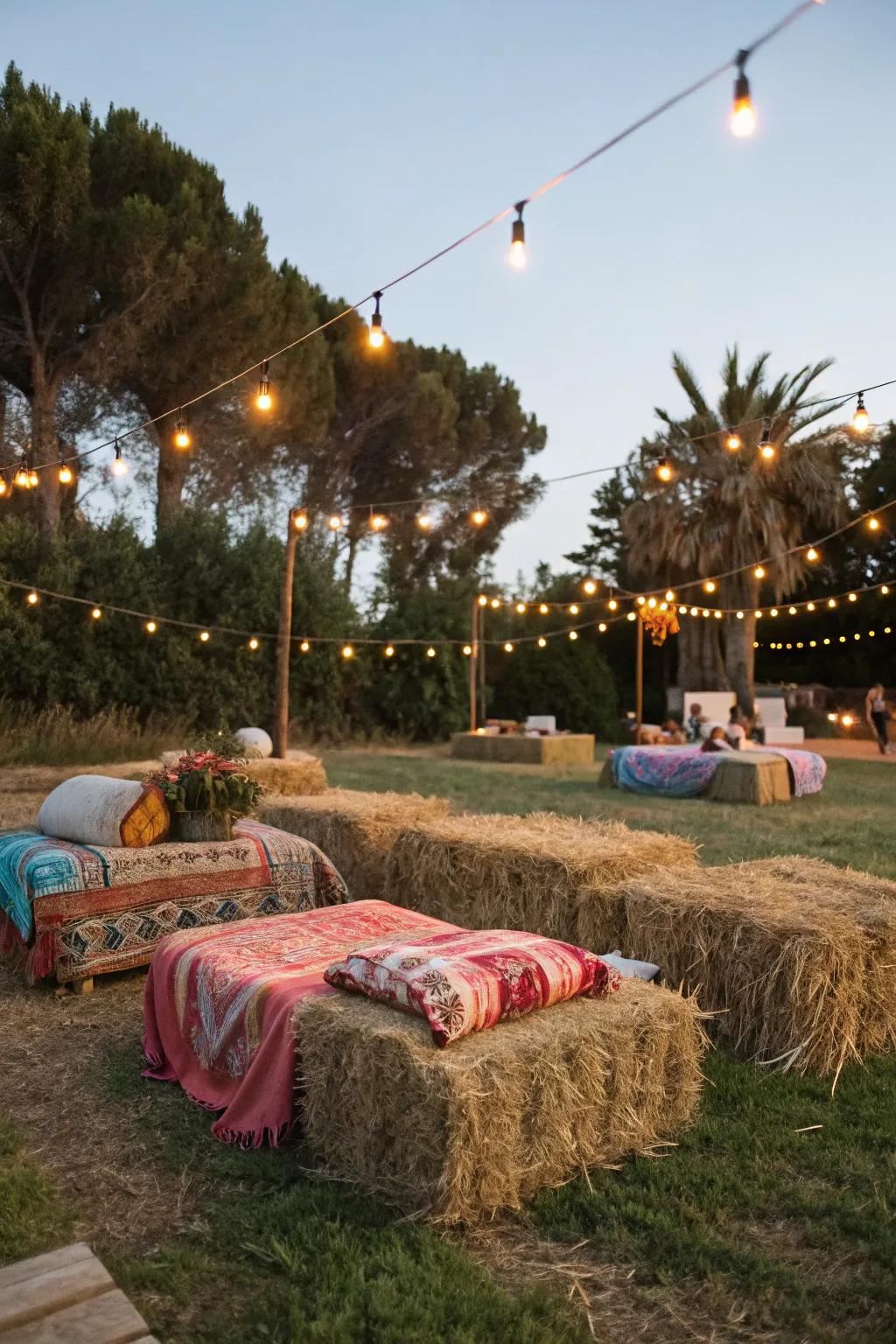 Bundled straw offers raw and useful seating for outdoor occasions.