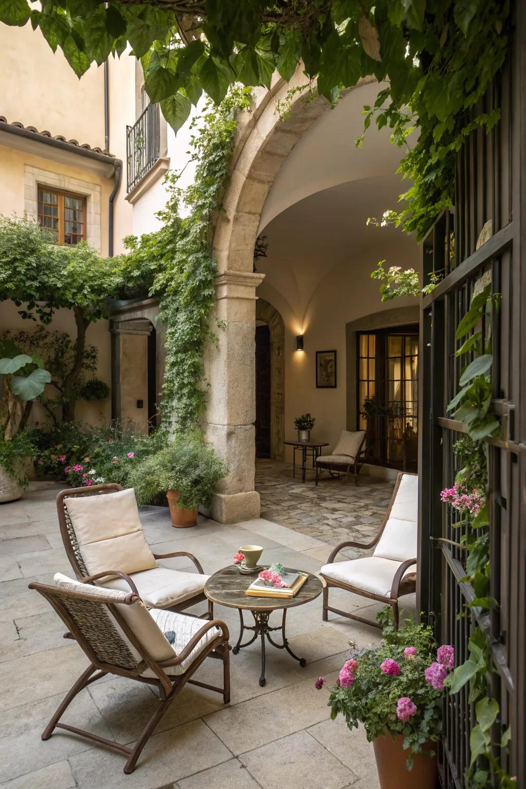 Outdoor furniture turns your entrance into a cozy living space.