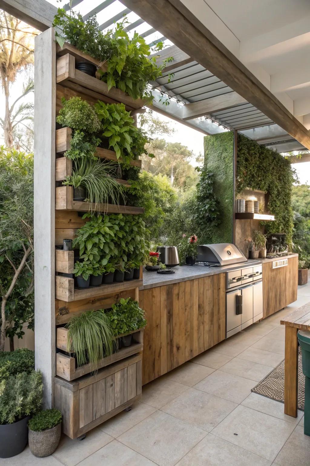 Vertical planters bring a fresh, verdant touch to your outdoor kitchen oasis.