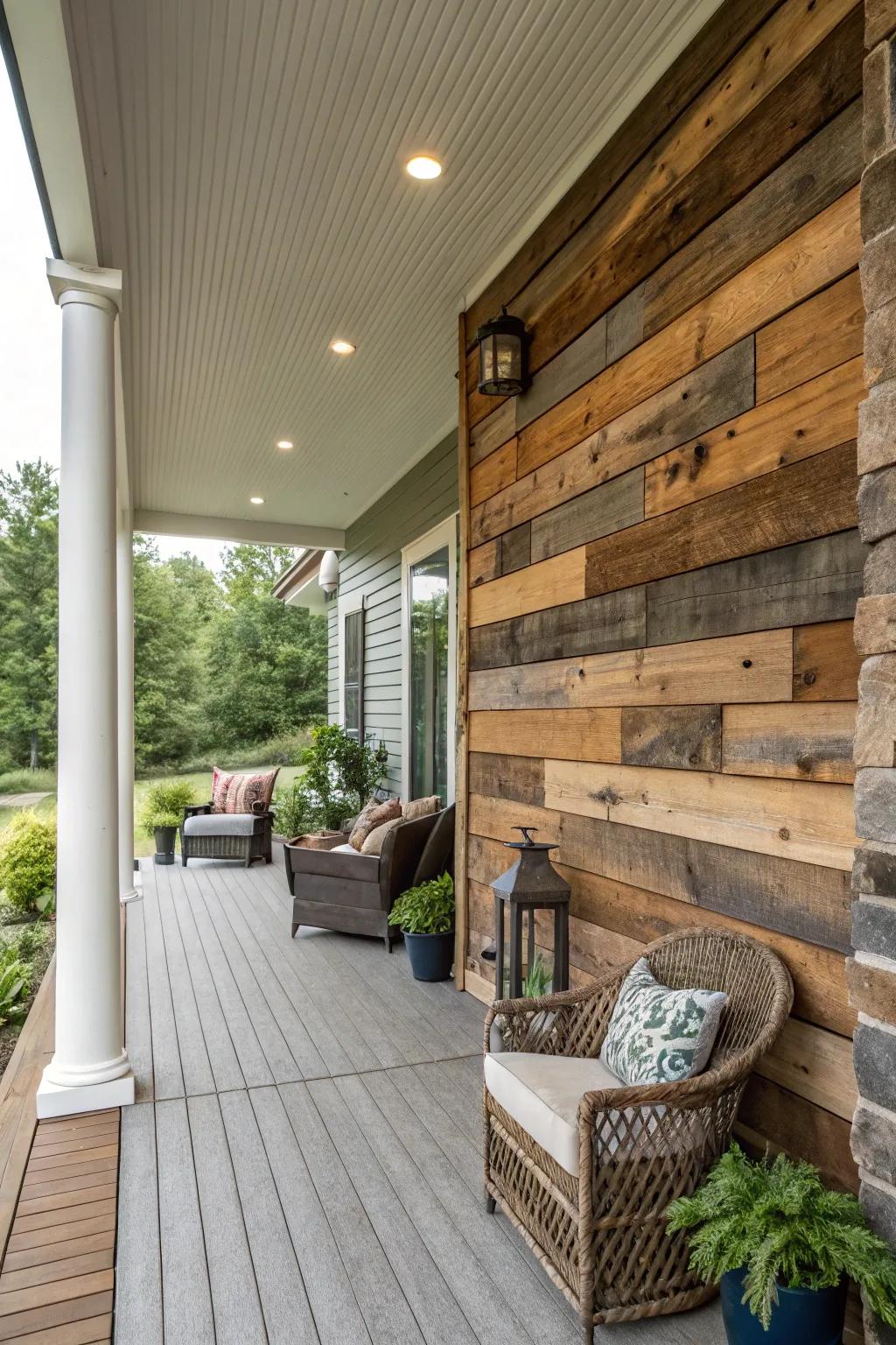An emphasized wall contributes uniqueness and depth to the porch.