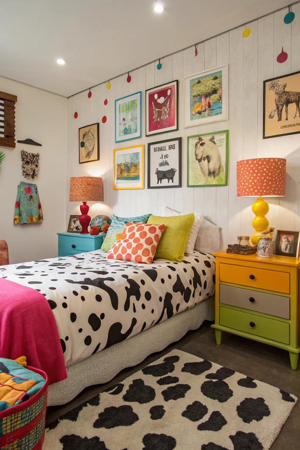 Bright colors and cow print create a playful and eclectic room.