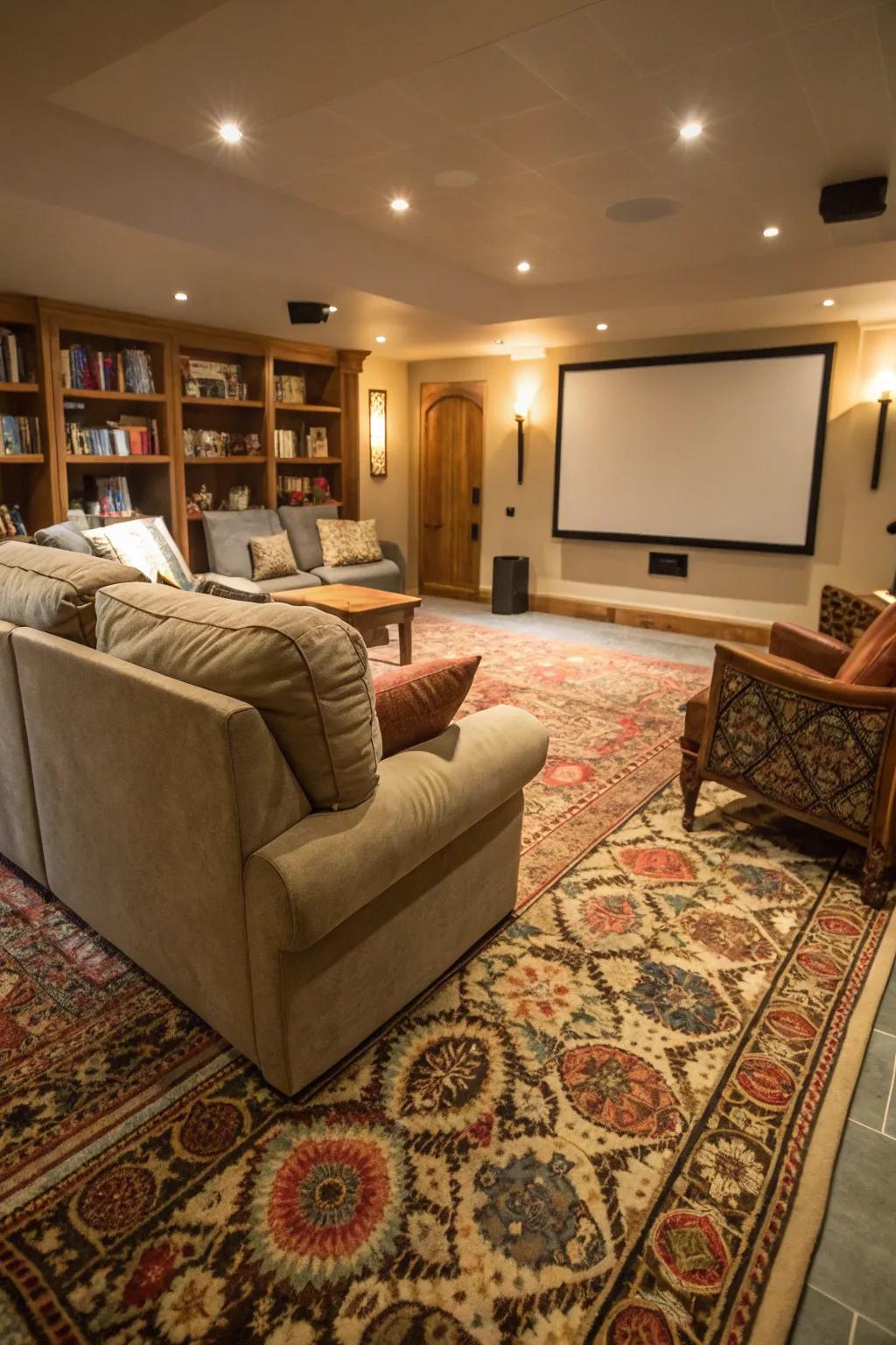 A luxurious rug adds warmth and style to the cinema space.