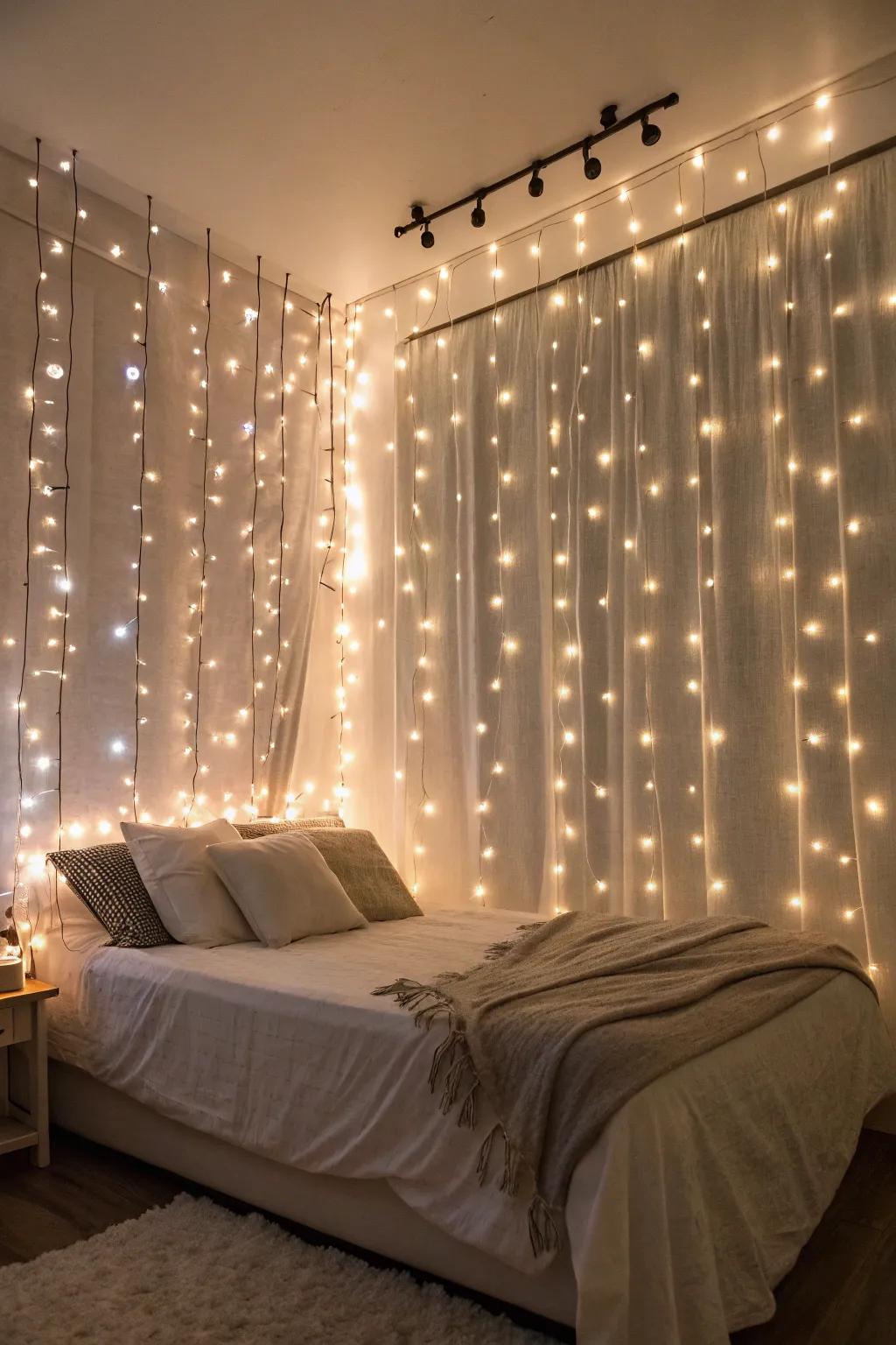 A wall covered with a curtain of fairy lights.