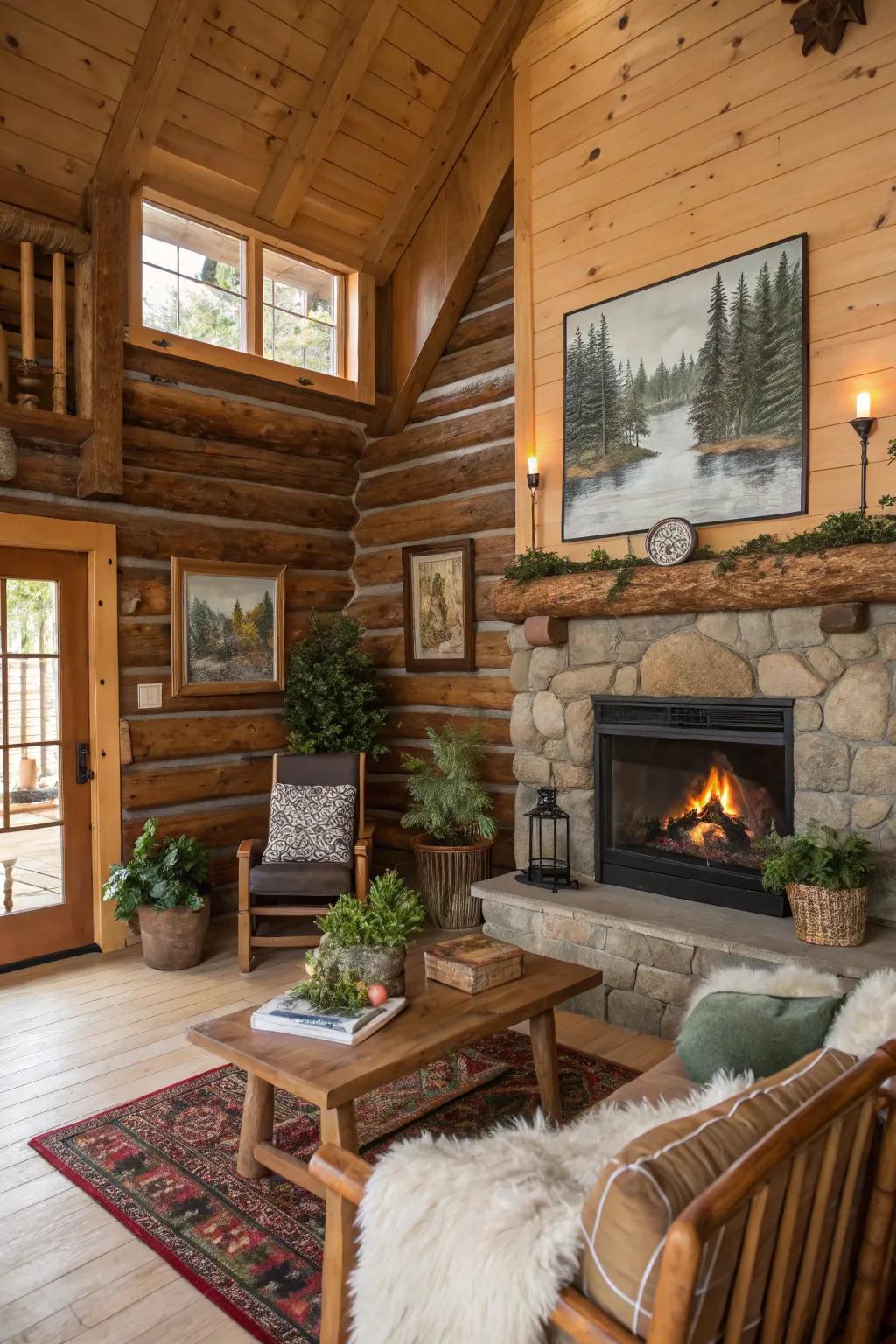 Rustic decor elements add character and charm to the log cabin, creating a warm and inviting atmosphere.
