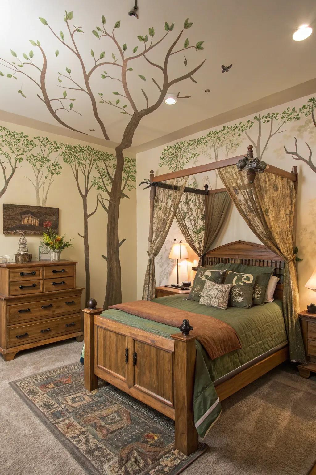 A forest-inspired bedroom featuring tree themes and earthy tones.
