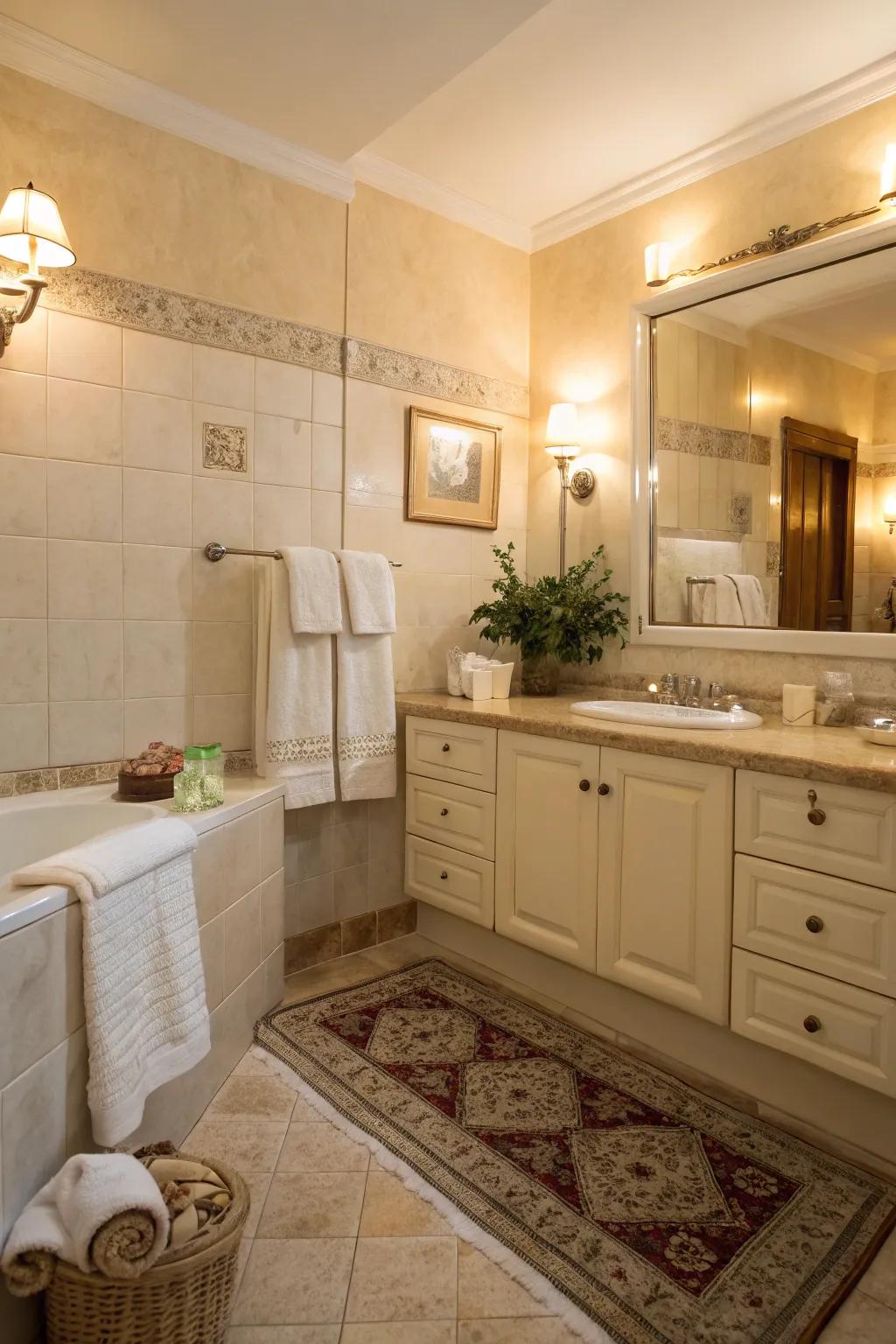 Warm lighting results in a welcoming atmosphere in this creamy bathroom.