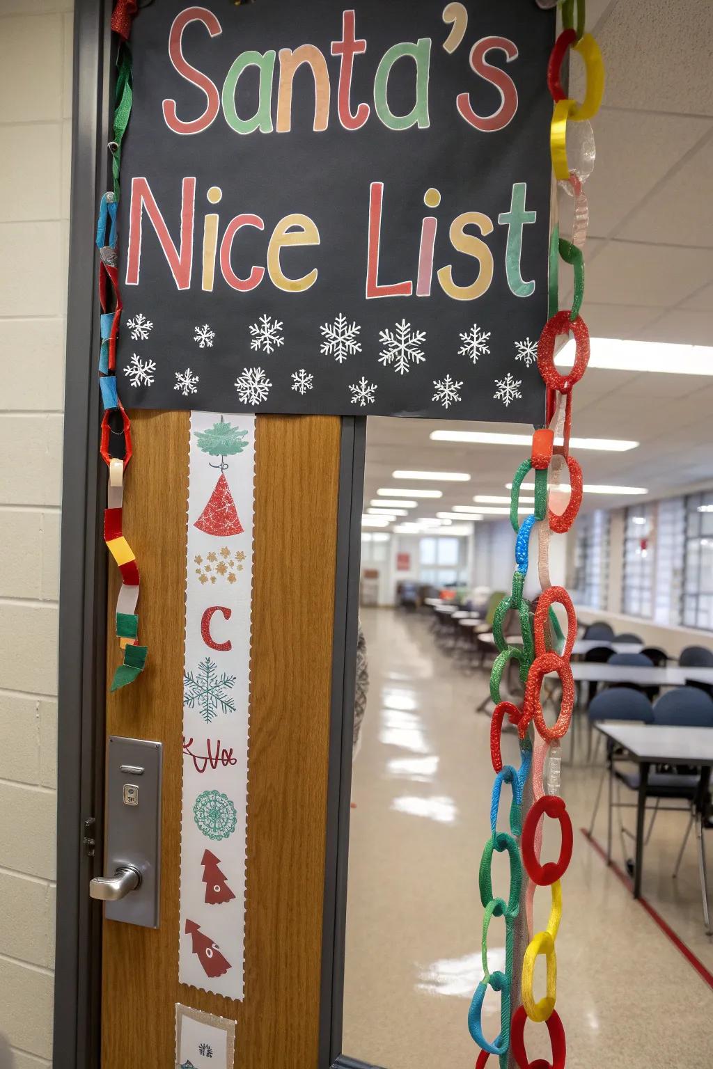 An educational doorway exhibiting Kris Kringle's Esteemed Roster, celebrating pupil accomplishments.