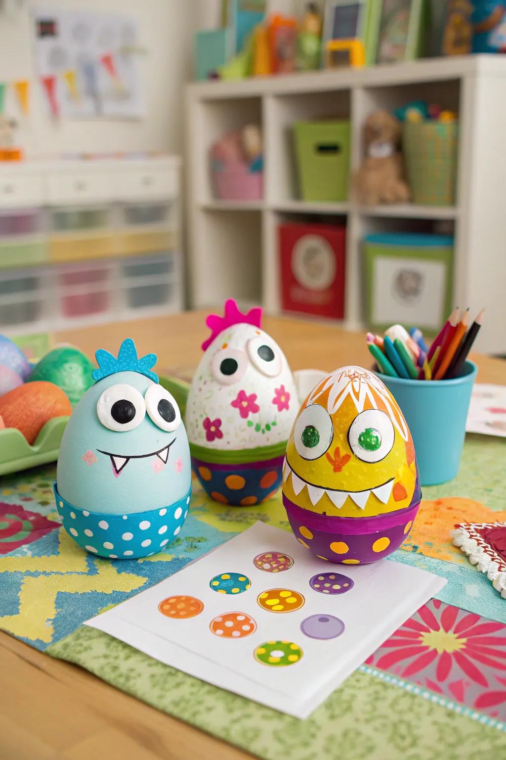 Funky monster eggs adding a playful touch to family time.