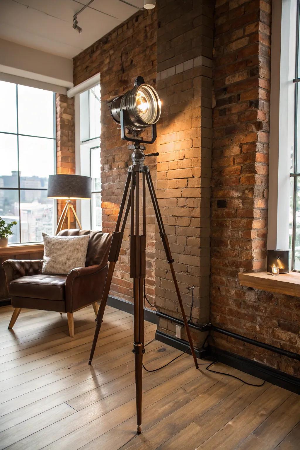 A camera tripod repurposed as a floor lamp enhances a stylish loft.