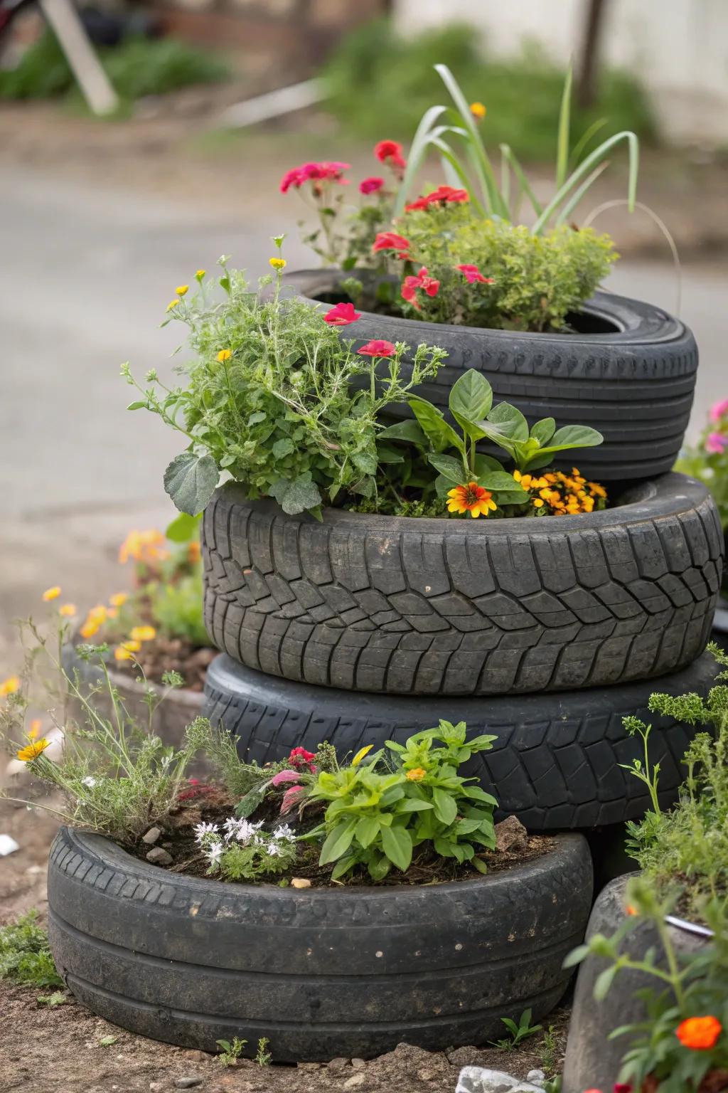 Lush display with multi-layered planting in tires.