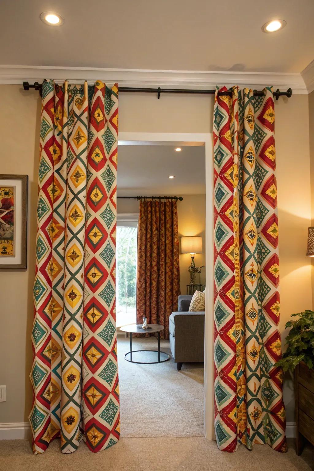 Bright patterned curtains adding uniqueness to a room.