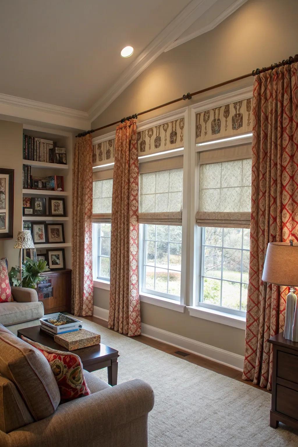 Useful and beautiful drapes enhance living spaces with multiple windows.