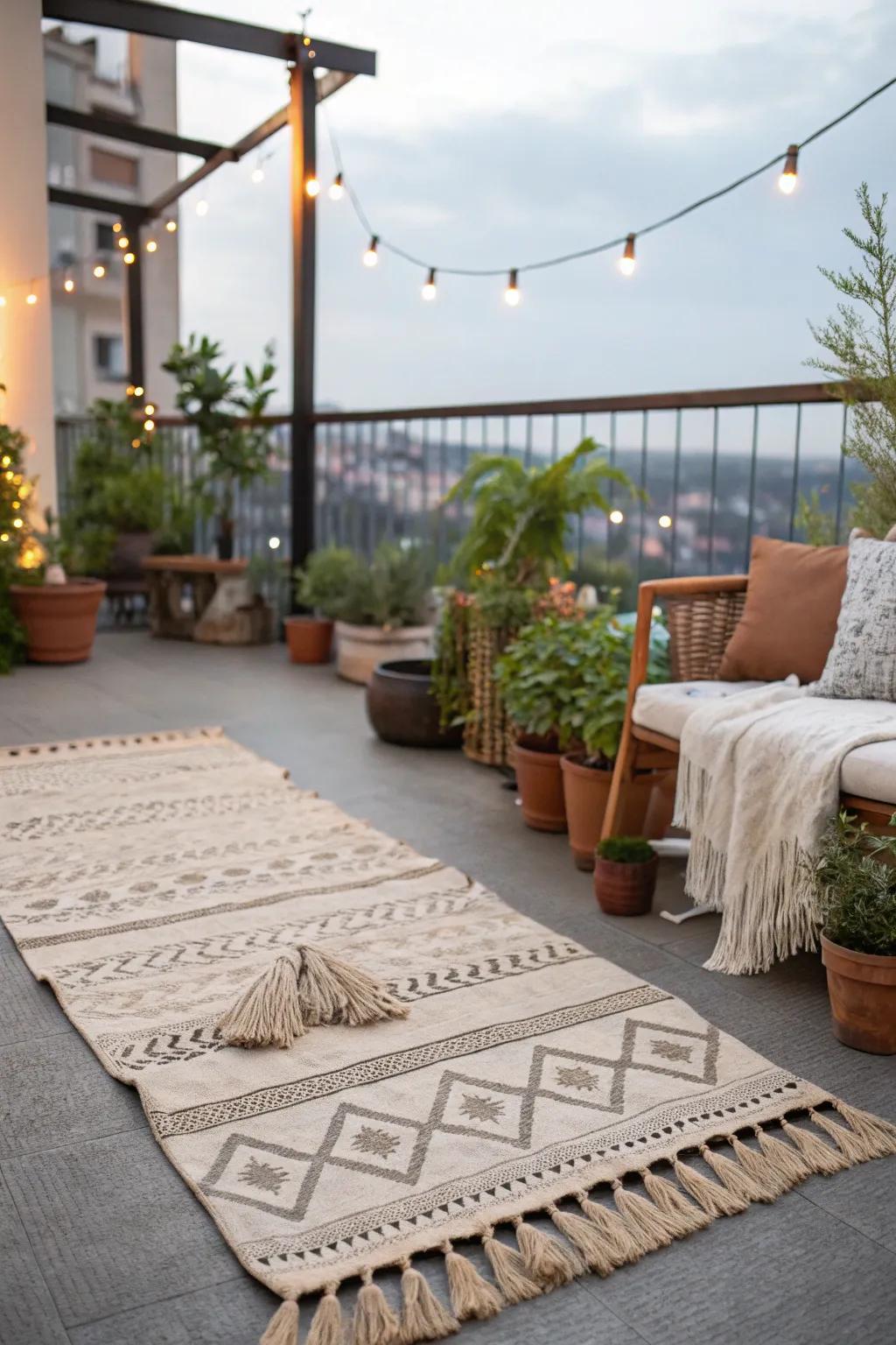 Bohemian tassel rugs add texture and laid-back charm to outdoor areas.