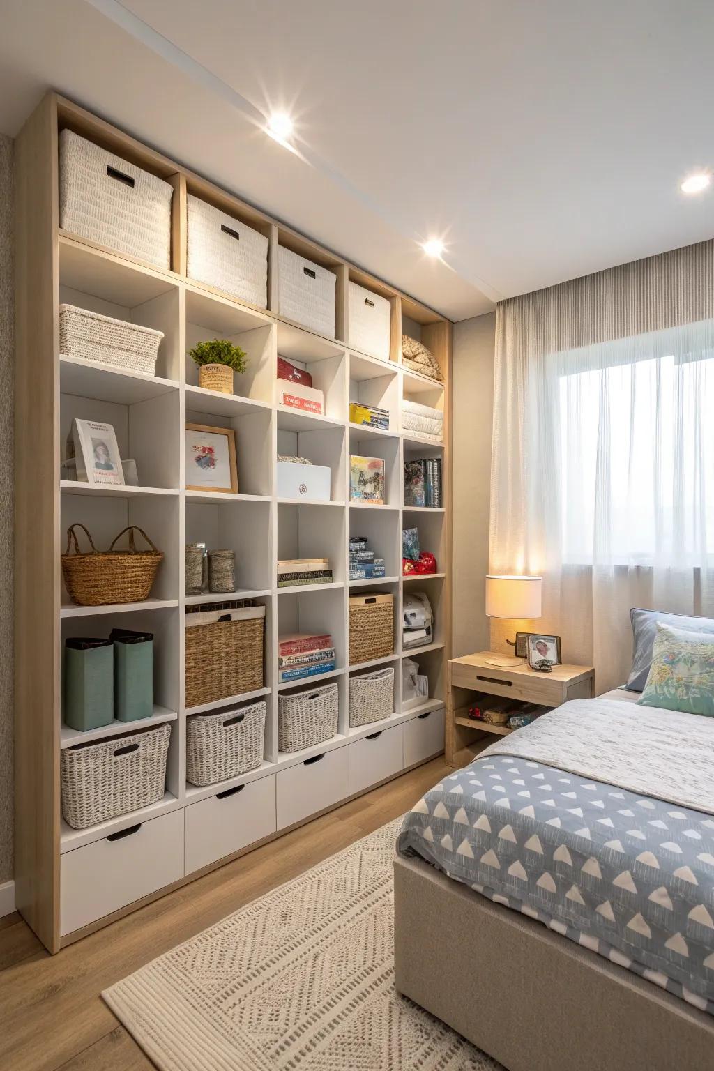 Organized storage keeps the room tidy.