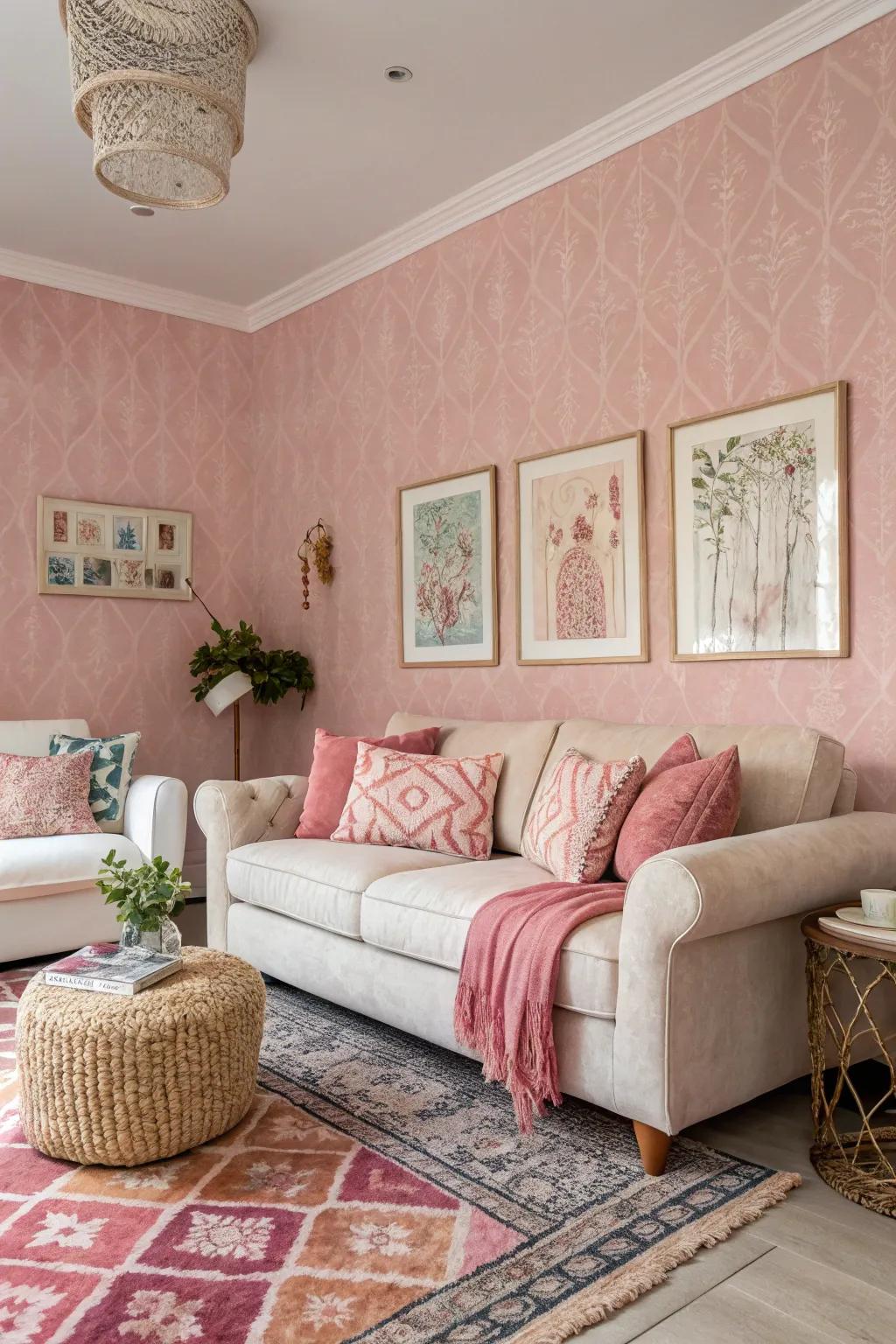 Textured rose wallpaper adds visual intrigue and depth to the walls.