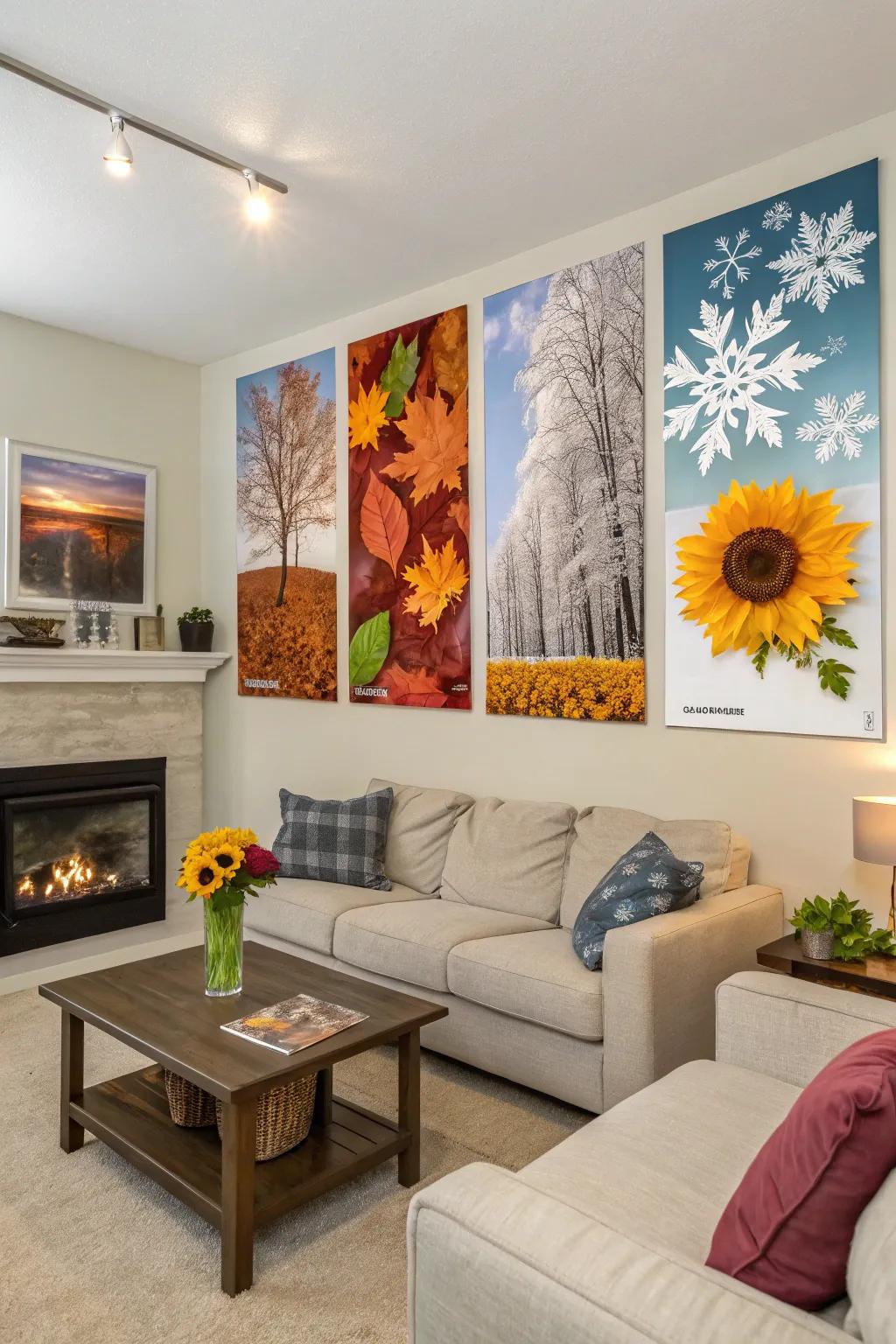 Seasonally themed posters decorating a living room.