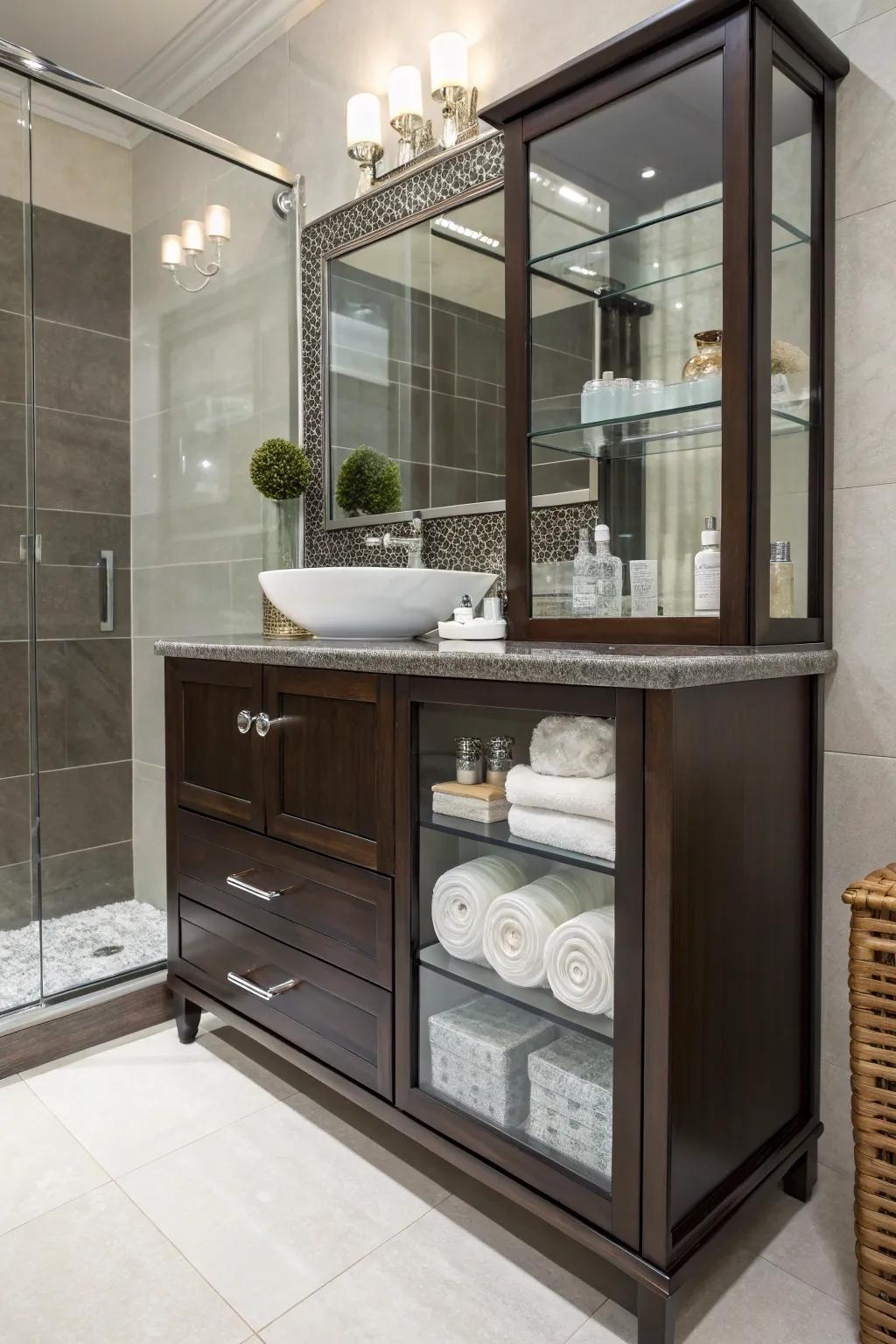 Glass accents bring a modern touch to a dark brown vanity setup.
