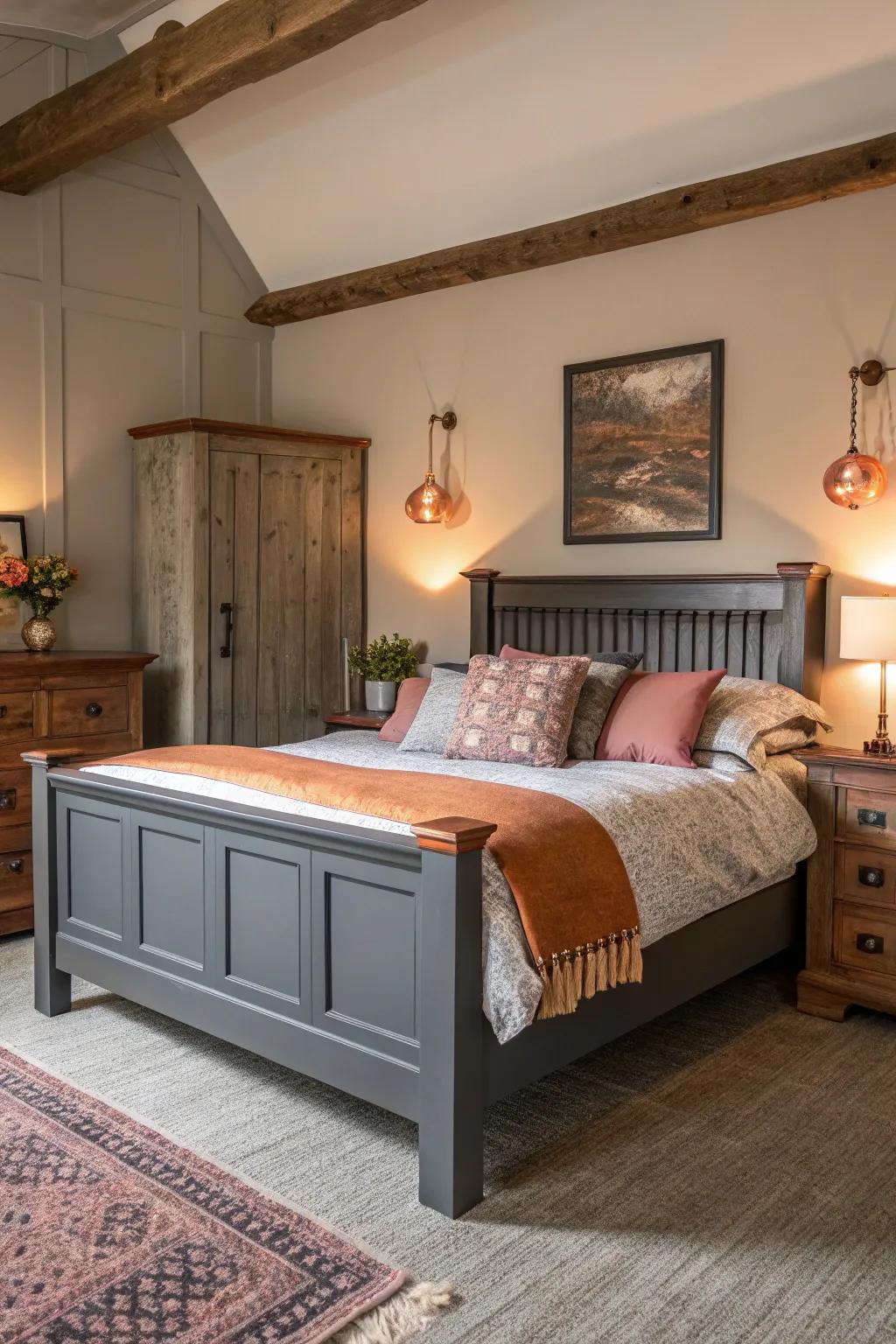 Bronze embellishments imbue warmth and elegance in a charcoal-themed bedroom.
