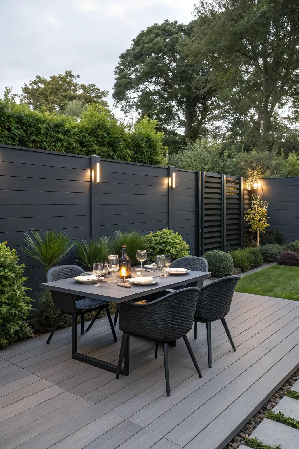 A modern terrace with a charcoal-toned enclosure and matching decking for outdoor dining.