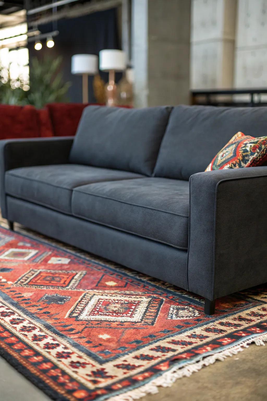 A contrasting ground covering defines and improves the space encircling a gray couch.