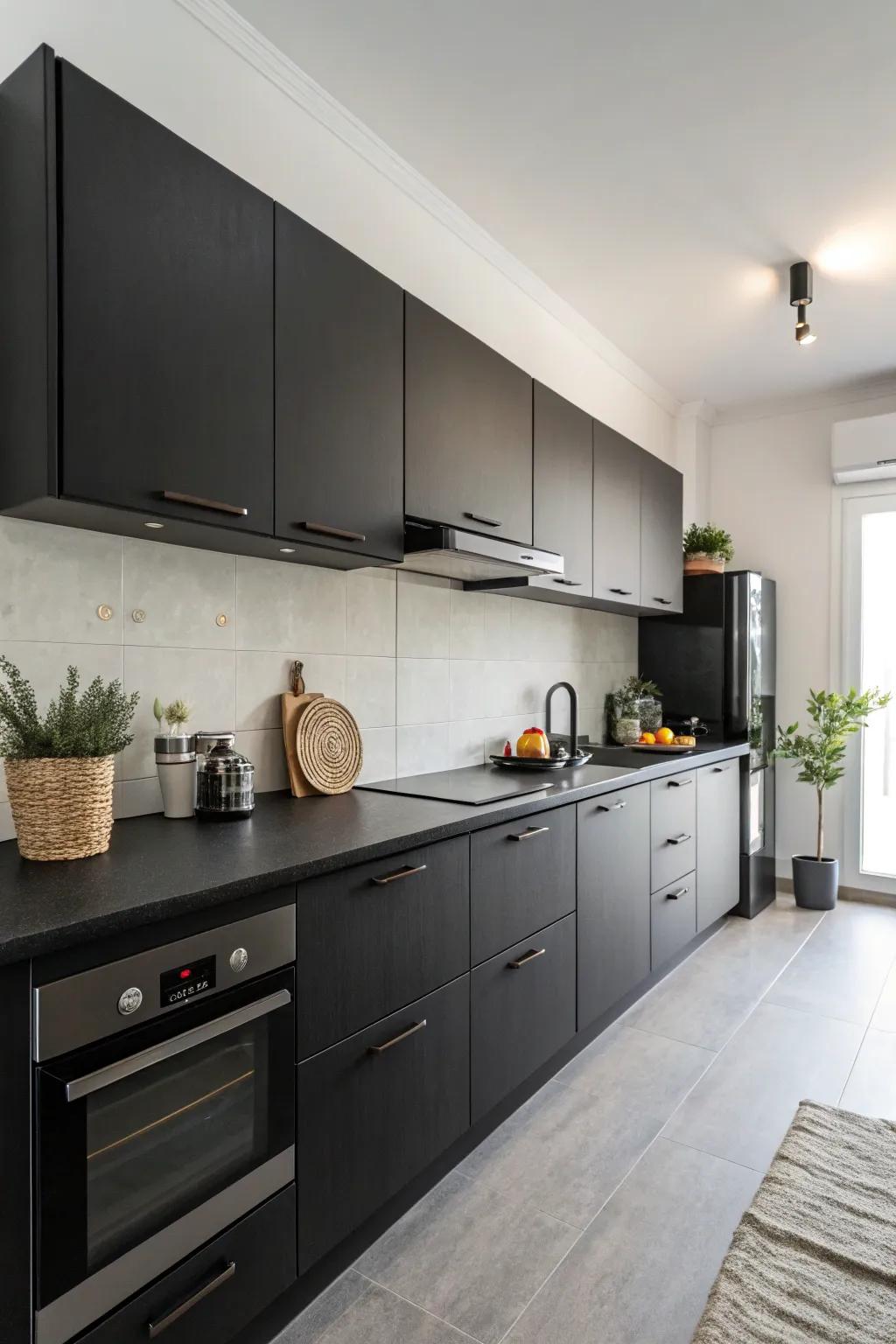 Minimalist décor accentuates the sophistication of a dark kitchen.