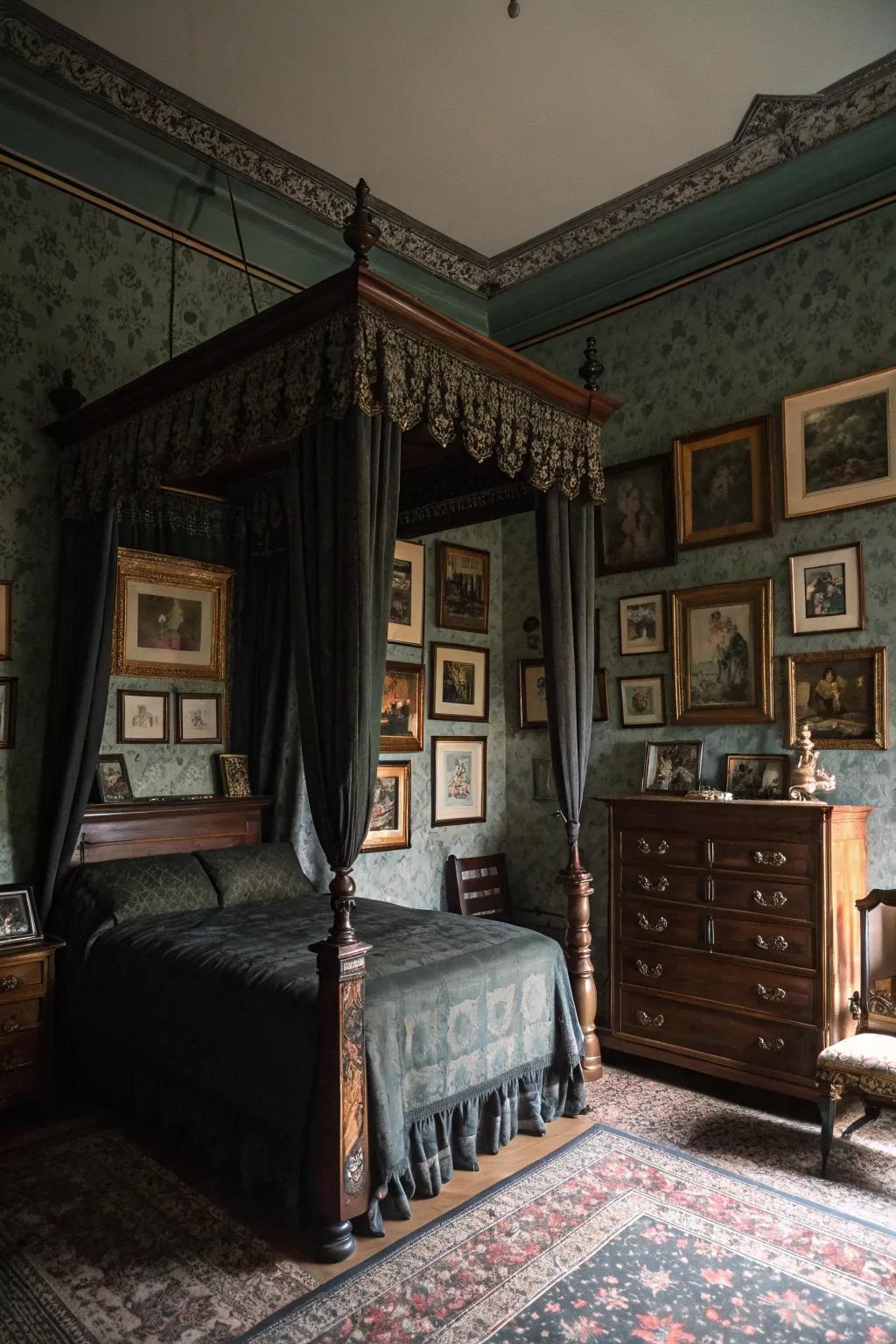 Vintage art pieces enhance the old-world charm of a shadowy, old-fashioned bedroom.