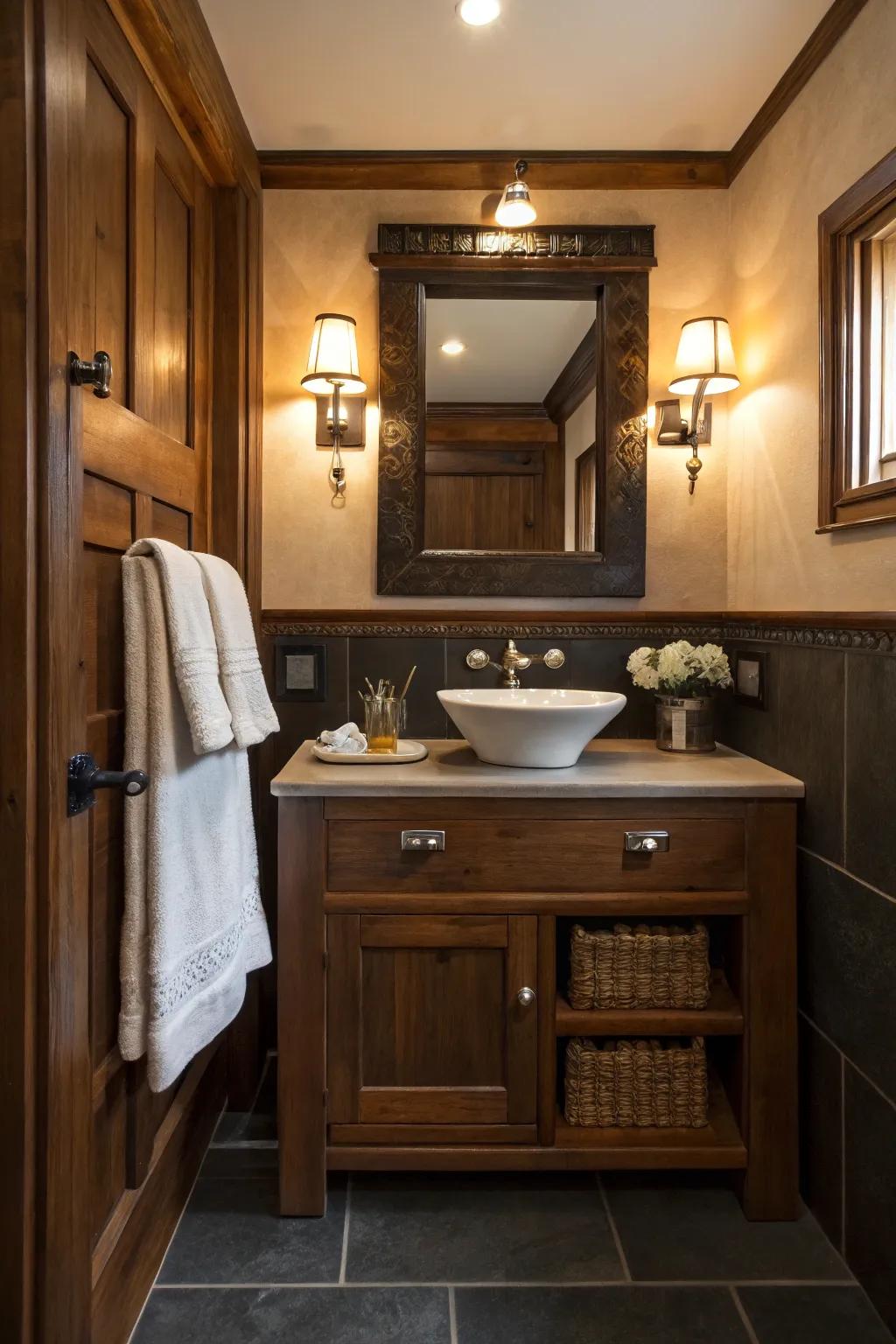 A relaxing mood is created by the warm undertones of mahogany and gentle lighting.