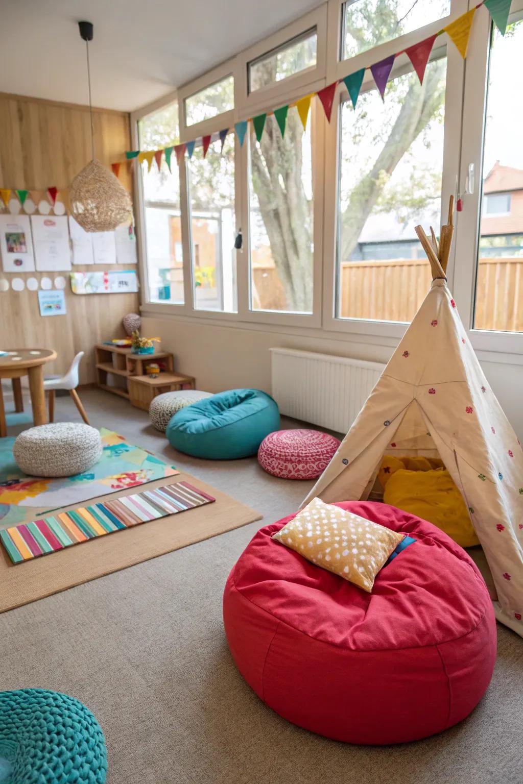 Cozy corners with bean bags for relaxation and reading.