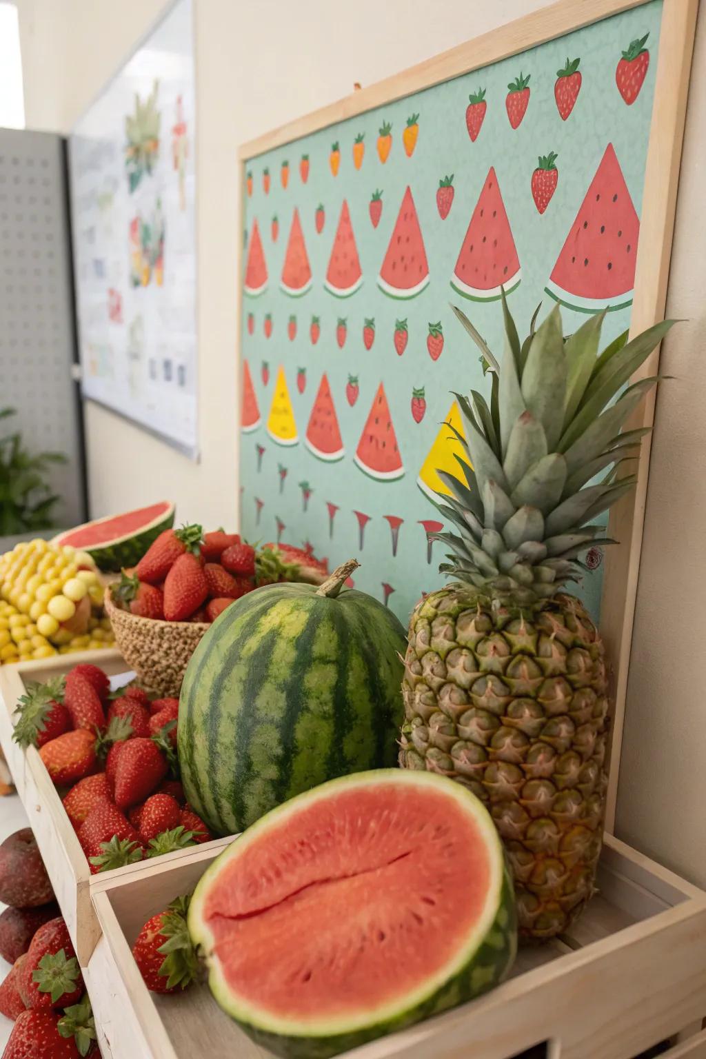 Fruit Fiesta bulletin board adorned with vivid fruit embellishments.