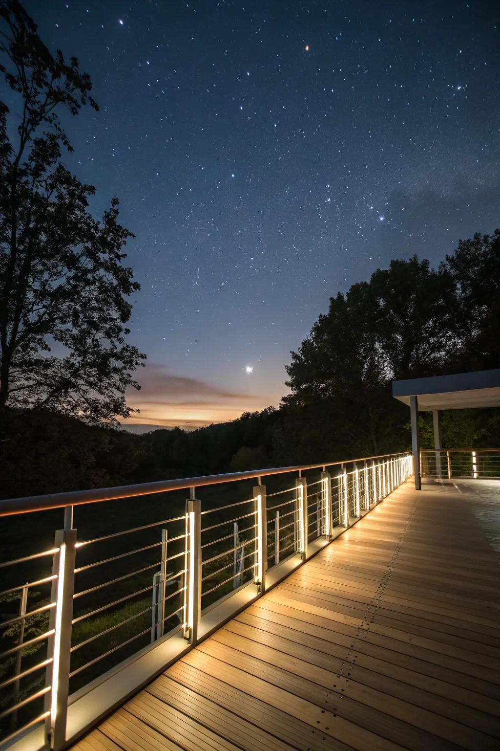 Lighted railings fashion a cozy and inviting ambiance.