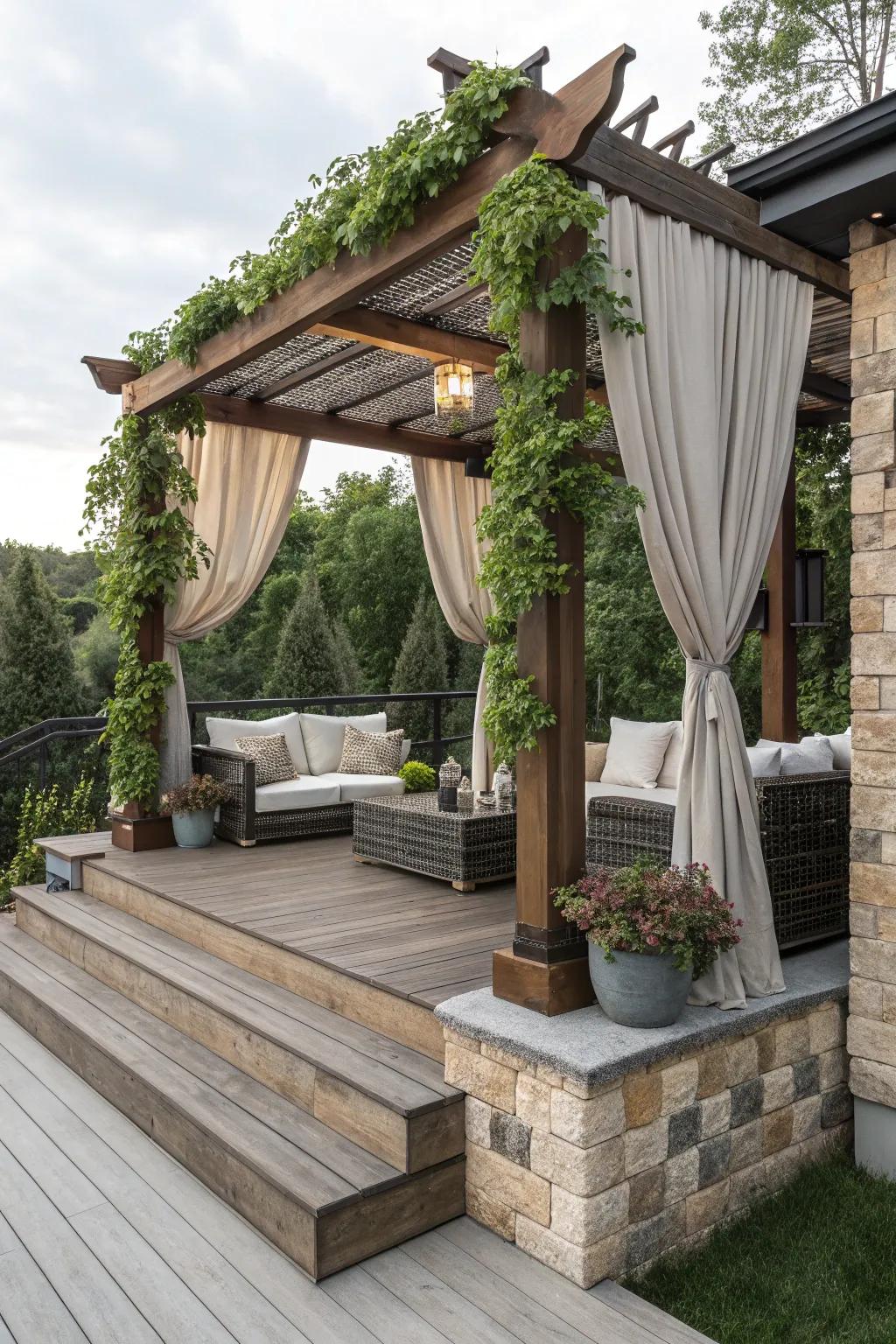 A pergola showcasing an intriguing mix of materials for visual appeal.