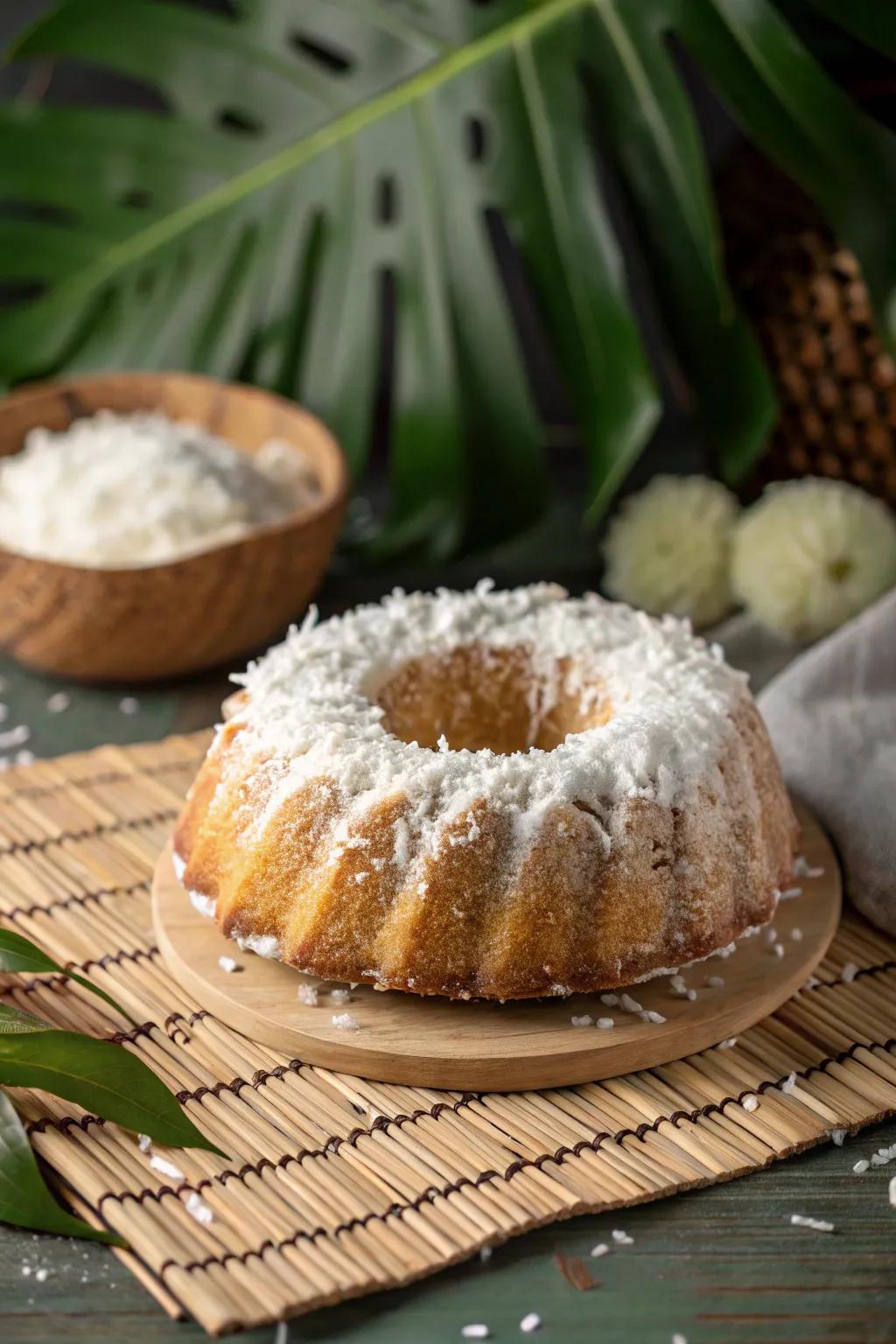 A ring cake enhanced with a tropical dusting of coco shreds.