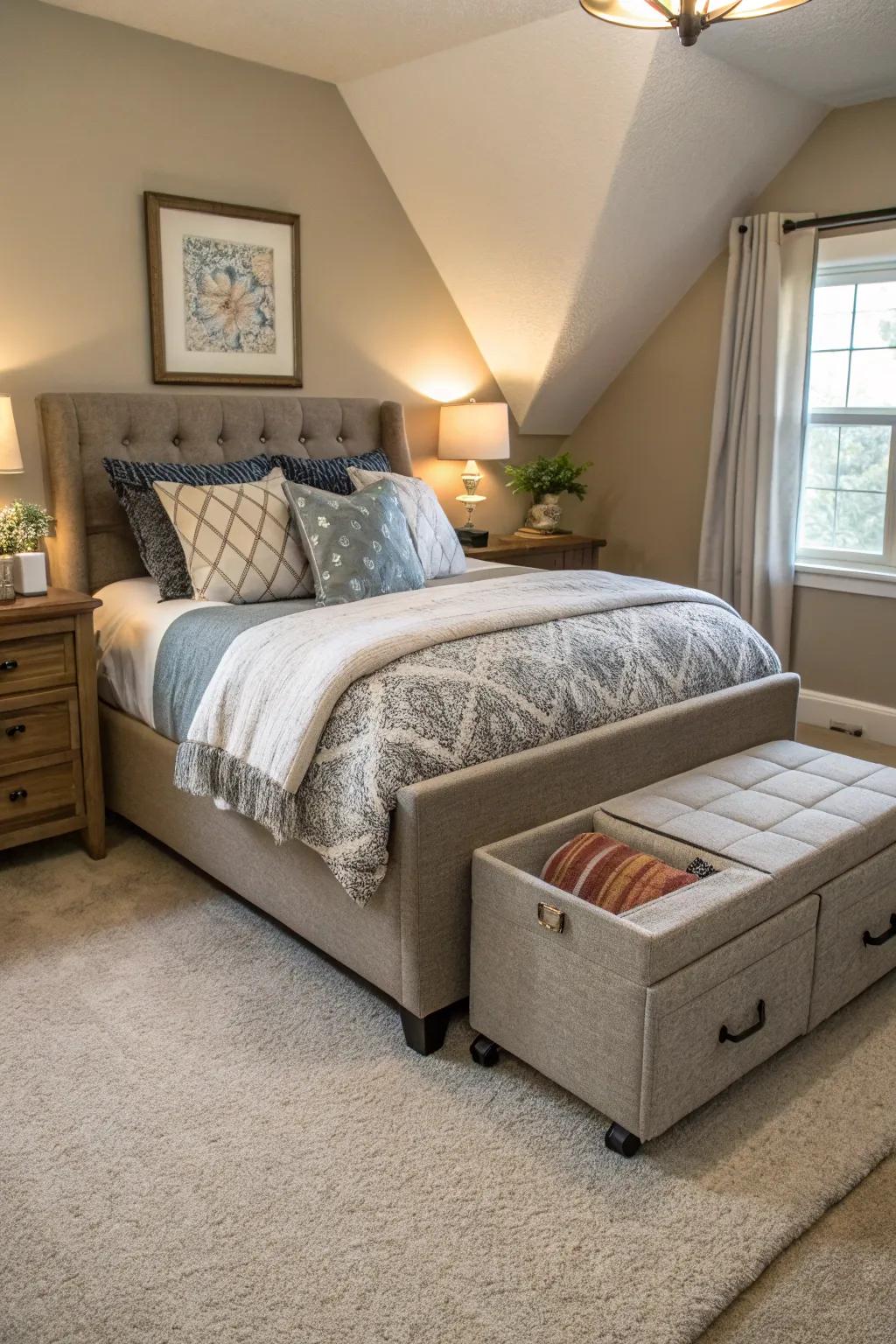 Multi-functional furniture is a great addition to a diagonal bed layout.