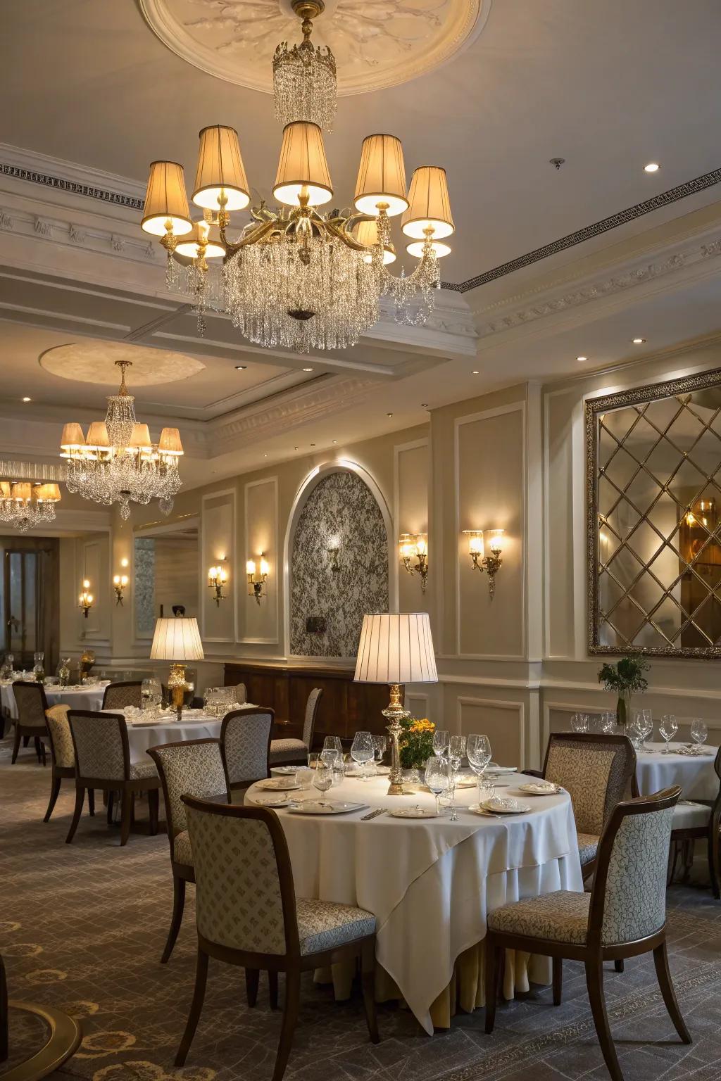 Layered lighting introduces depth and dimension to this elegant dining room.