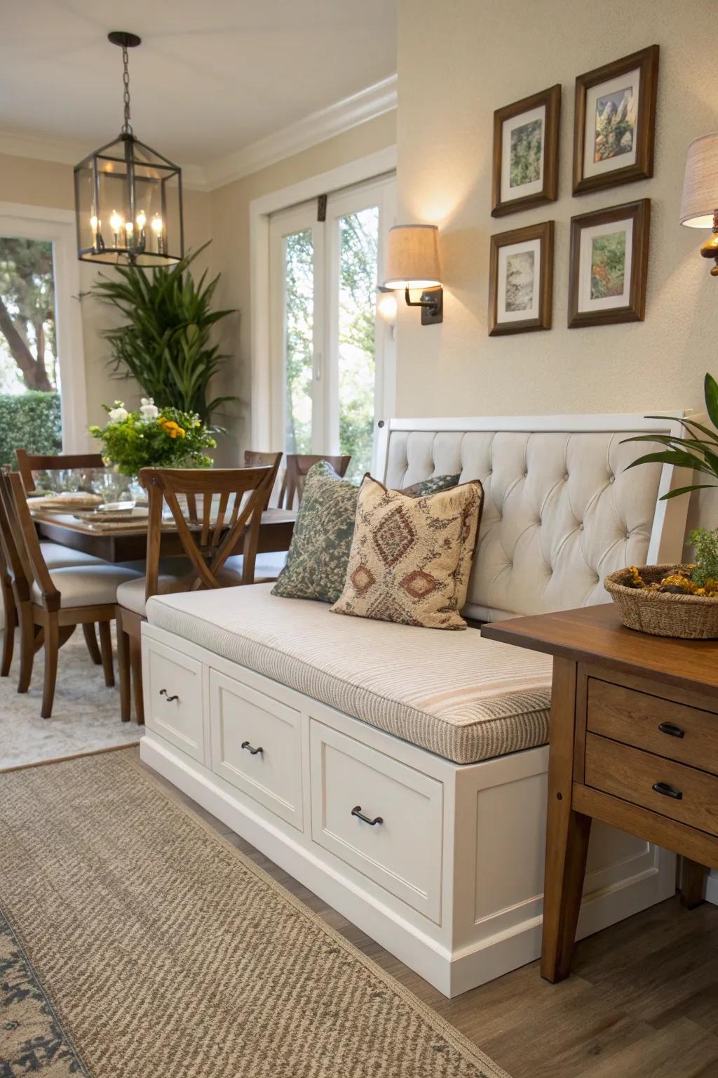 Storage benches offer a clever solution for hidden storage in dining rooms.