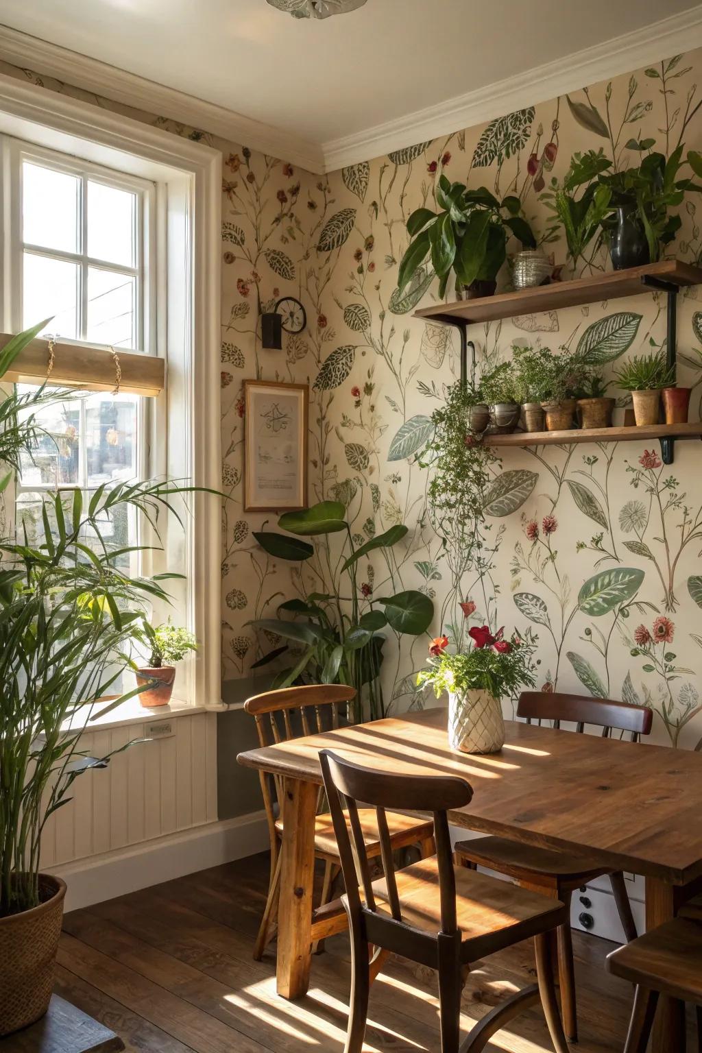 Botanical wallpaper and indoor plants beget a refreshing, natural ambiance.