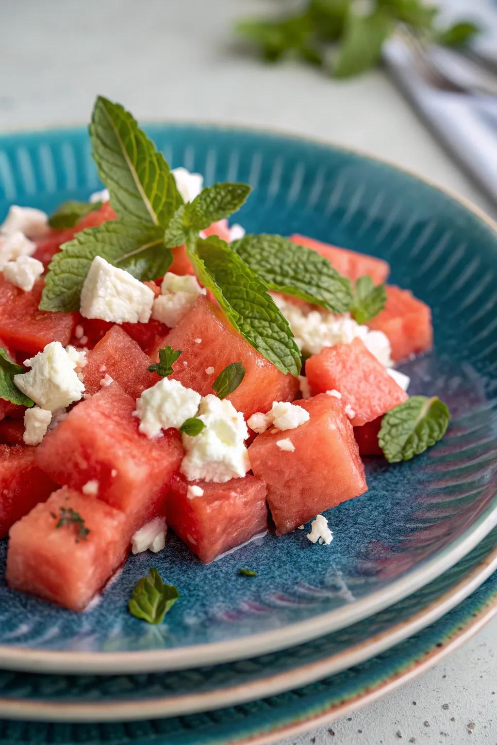 Enjoy the refreshing blend of crimson fruit and sheep cheese in this summer salad.